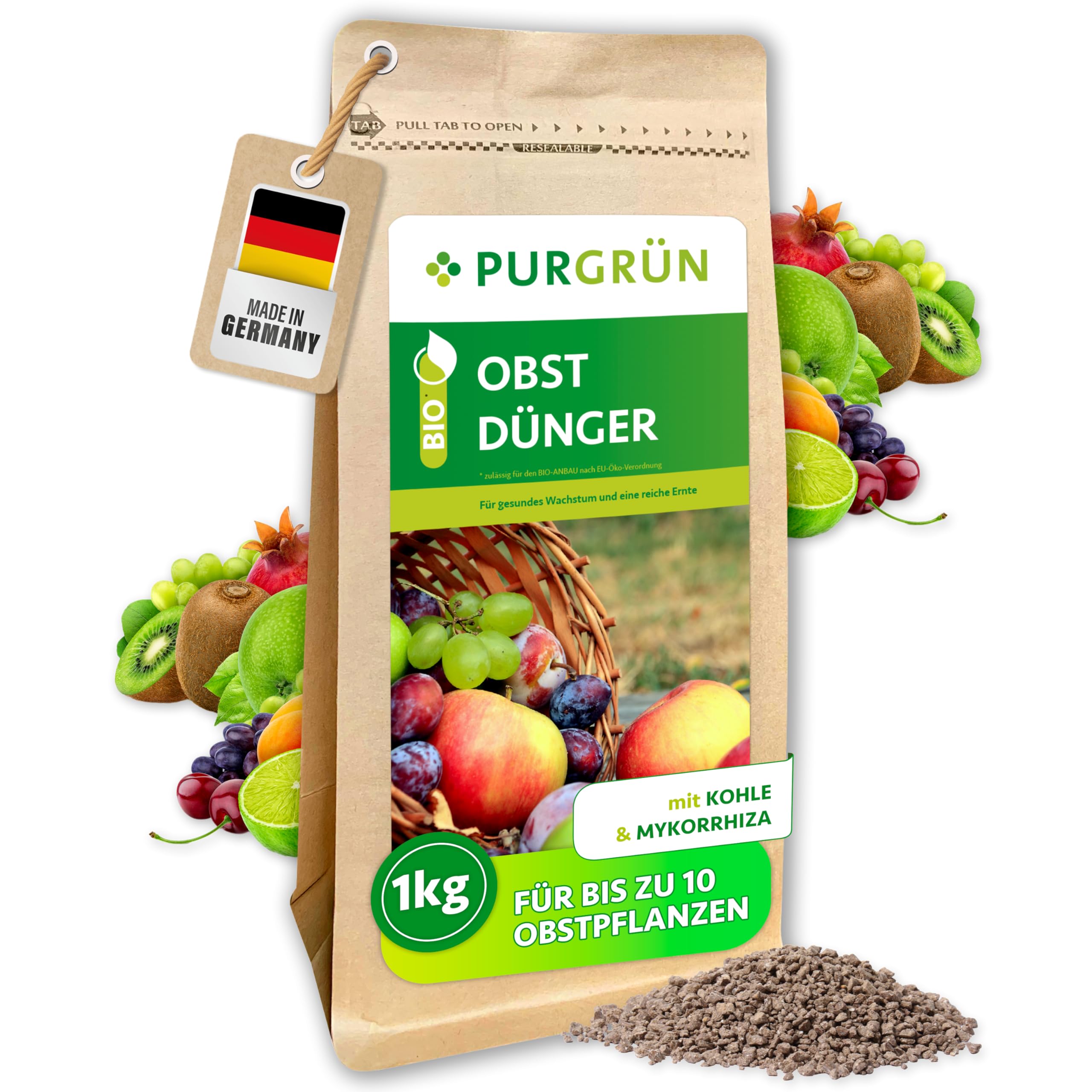 Bio-Obstdünger 1 kg – Organisch-mineralische Rezeptur – Feinkörniges Krümelgranulat – NPK 6+4+5 – Mit Magnesium für süßes Früchte – Verbessert die Bodenqualität mit Mykorrhiza & Kohle