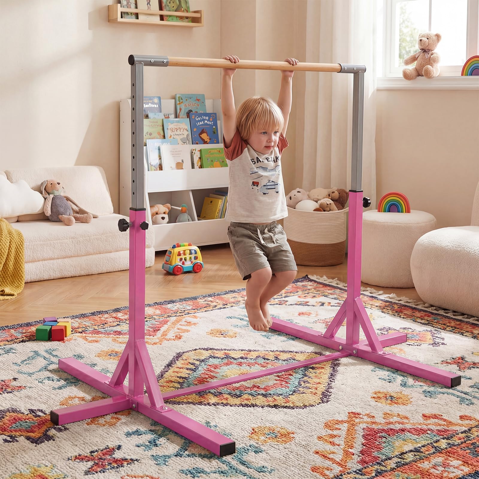 COSTWAY Sbarra per Ginnastica e Danza per Bambini, Barra in Metallo e Bambù Regolabile in Altezza 85-145 cm, Portatile con Cuscinetti Antiscivolo