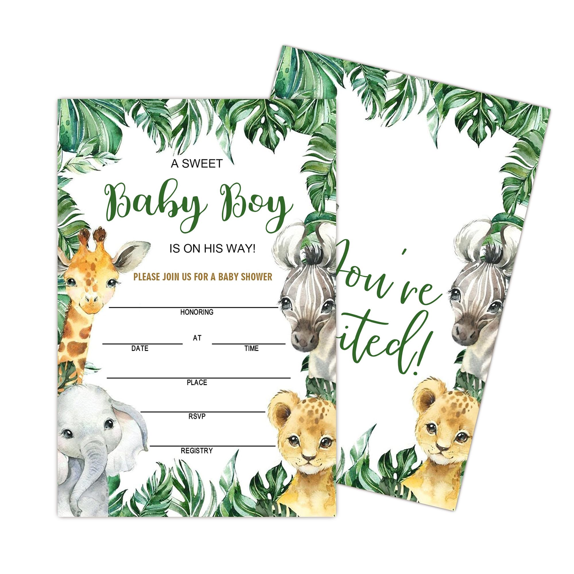 Geuro Baby Shower Invitations for boy, Jungle Animals Fill In Invites Cards wih Envelopes, Wooden, Set of 25.