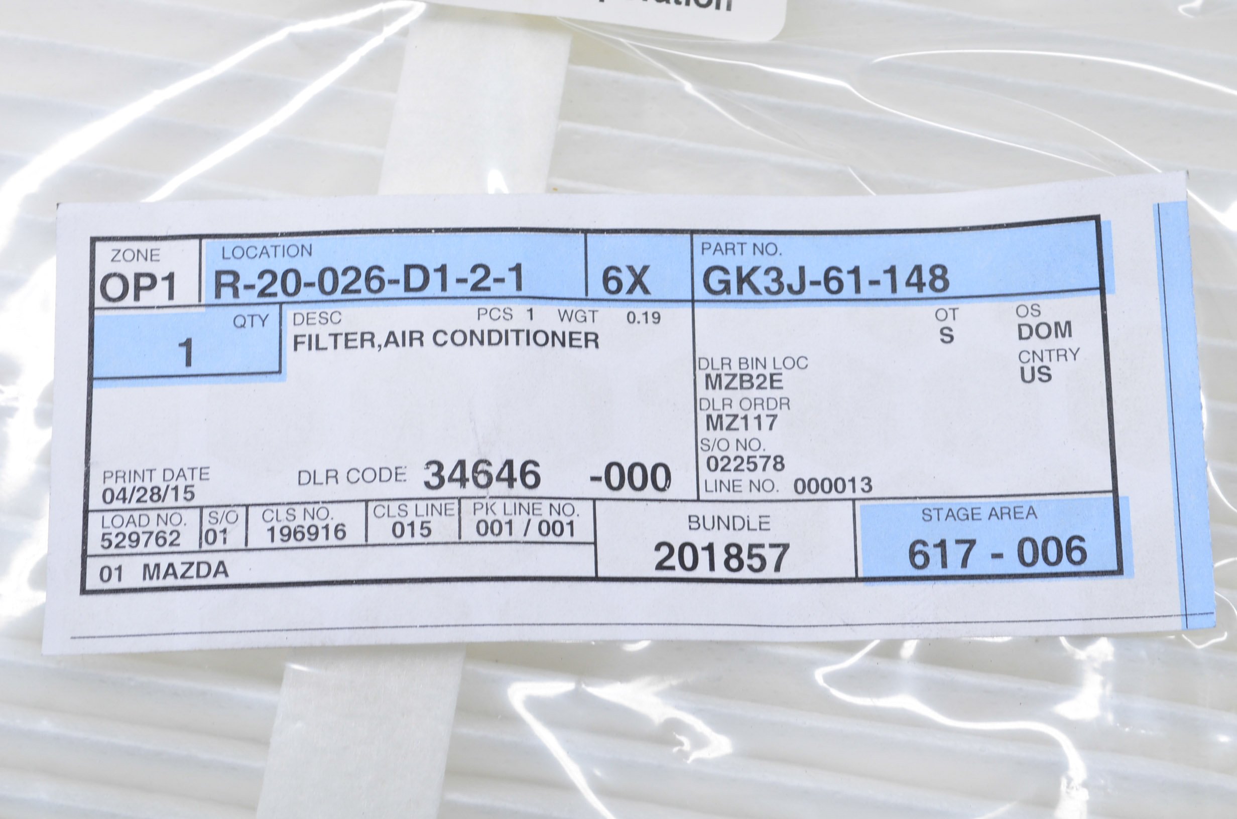 Genuine Mazda (GK3J-61-148) Air Conditioner Filter, Passenger