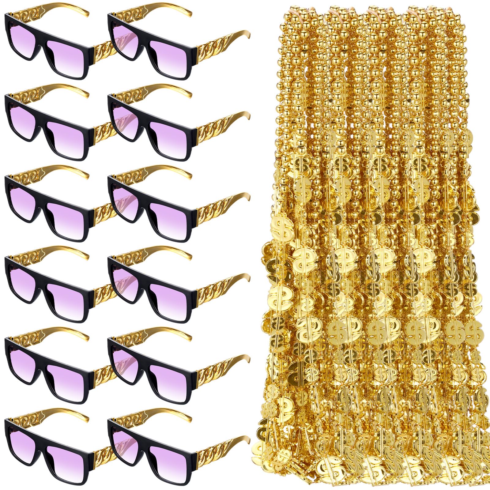 Ecally 24 Pcs 80s 90s Hip Hop Costume Jewelry Rapper Sunglasses Gold Chain for Women Men Gold Chain Necklace Costume Accessory