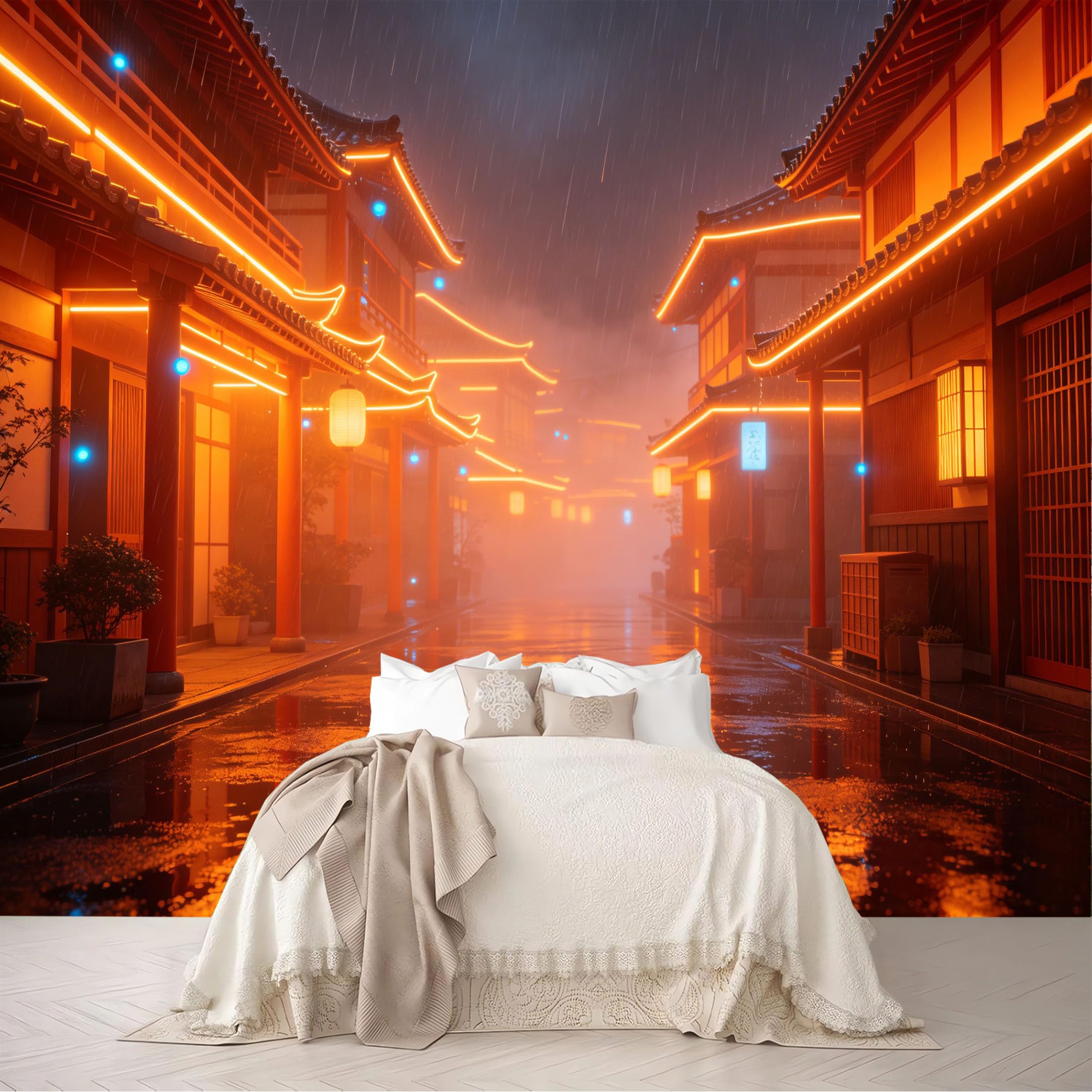 Dskjoviality Ab260706011 Custom Size Wall Mural Warm Neon Rainy Traditional Street Lantern View Removable Self Adhesive Peel And Stick Wallpaper For Bedroom Living Room Dining Room