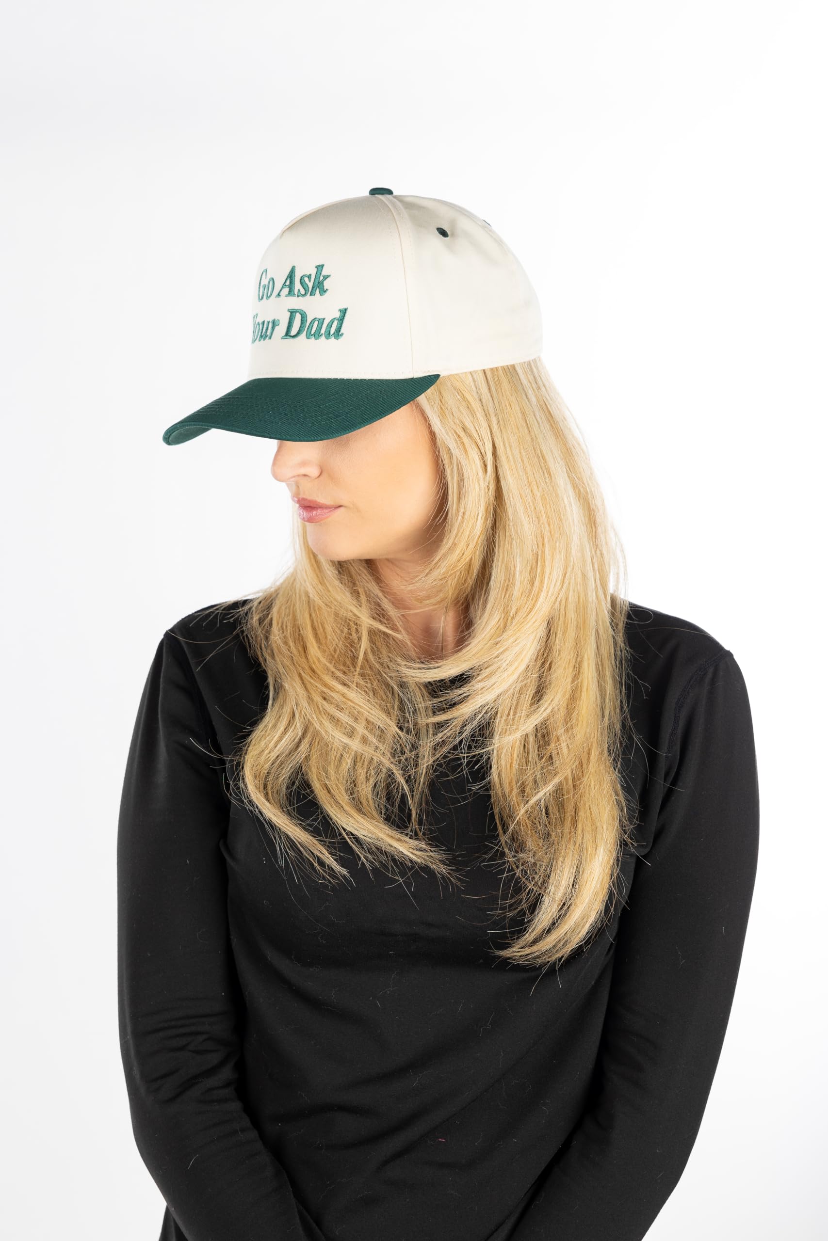 Two-Tone Canvas Snapback Baseball Cap for Women and Men - Go Ask Your Dad - Beige/Green & Let Me Ask My Wife - Beige/Navy