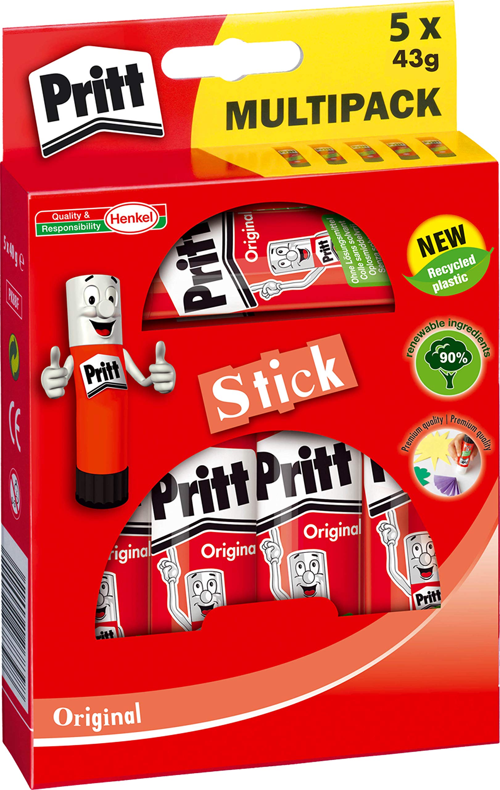 Pritt Klebestift 5 x 43 g, transparent, Klebstoff ohne Lösungsmittel (5,)