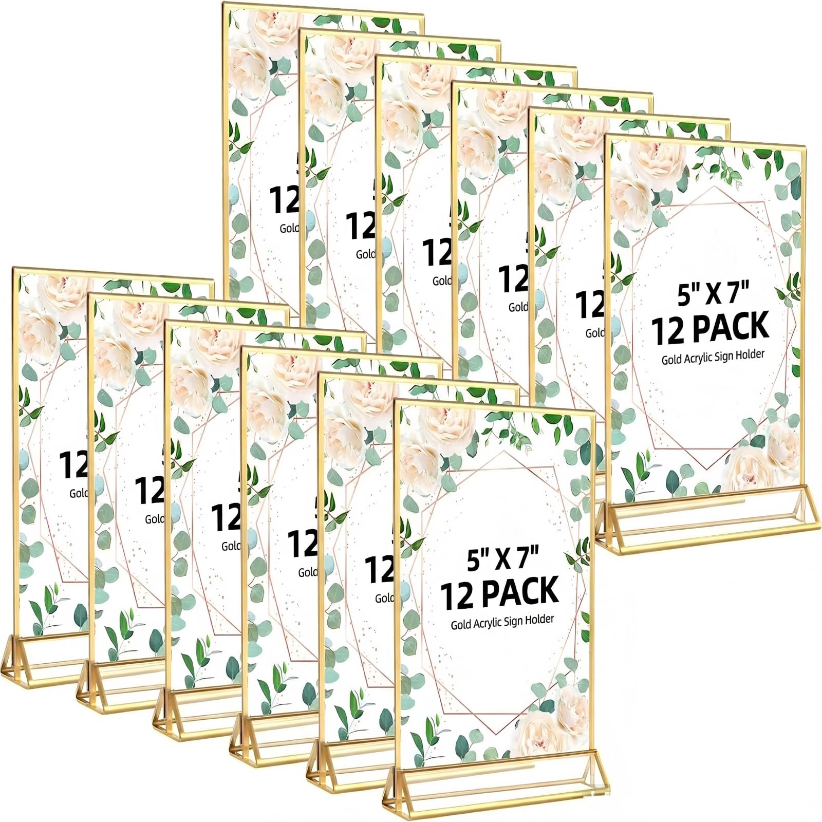 12 Pack 5x7 Acrylic Sign Holder with Gold Borders and Vertical Stand, Double Sided Clear Picture Frames Tabletop Display, Table Number Holder for