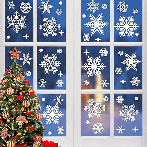 138 calcomanías de ventana de Navidad de Uorybwanai para vidrio, Navidad, Navidad, ventanas, calcomanías para ventanas, copos de nieve, calcomanías
