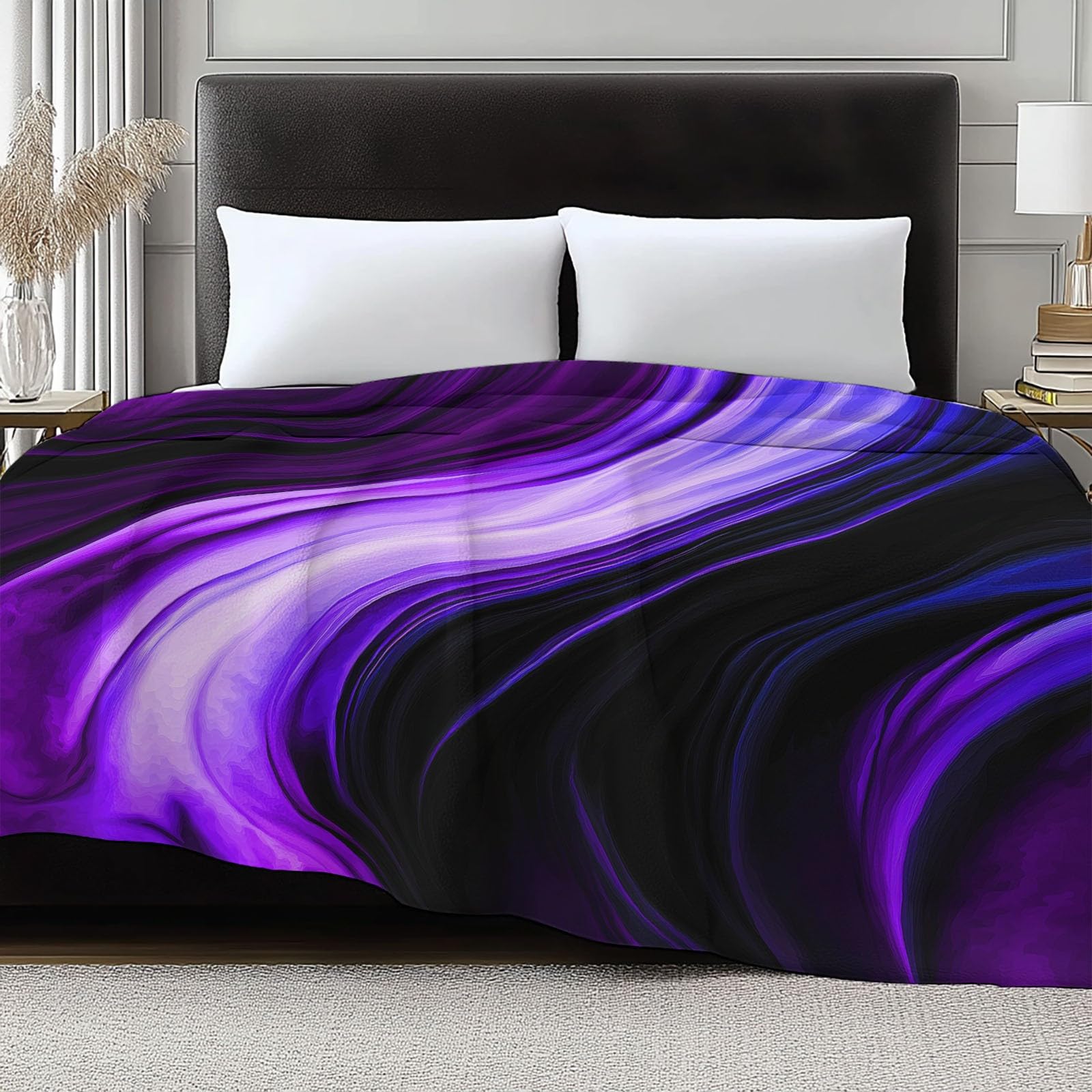220 x 240 cm Manta de Franela Ultra Suave Líneas Elegantes Giratorias Abstractas Manta Multifuncional, Cálida para Todas Las Estaciones Violeta, Deal como el Mejor Regalo para Familia y Amigos