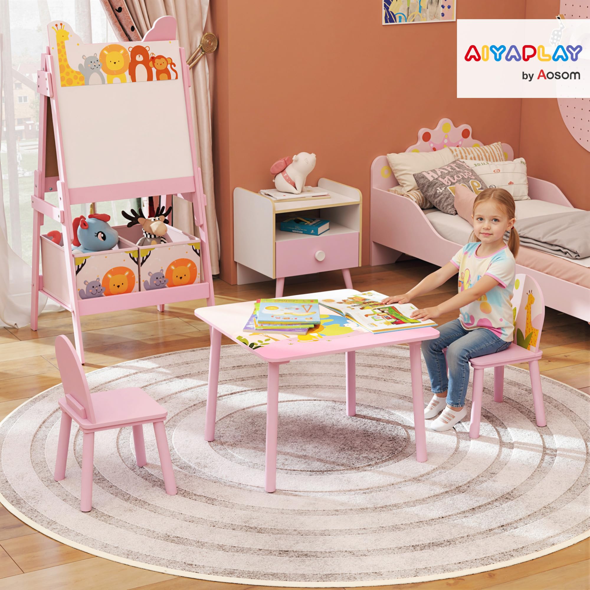 AIYAPLAY Set Tavolo e Sedie per Bambini 3-8 Anni Motivi Animali Rosa | Bordi Arrotondati, Sedie e Tavolino per Bambini, in MDF e Legno di Pino