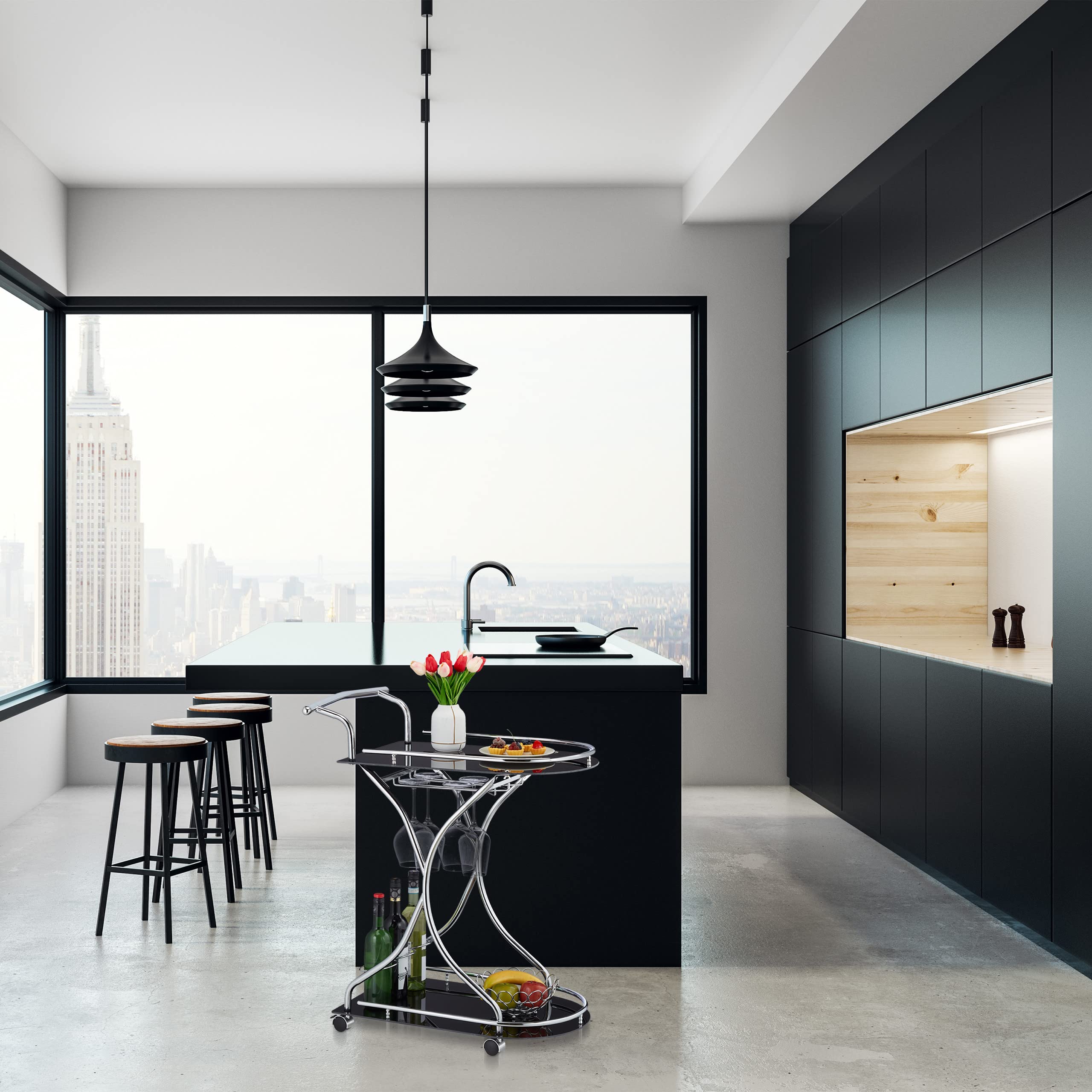 Relaxdays Carrito Cocina, Ruedas, Camarera 2 Baldas, Botellero, Soporte Copas, Vidrio, Metal, 88x76x49cm, Negro/Plateado