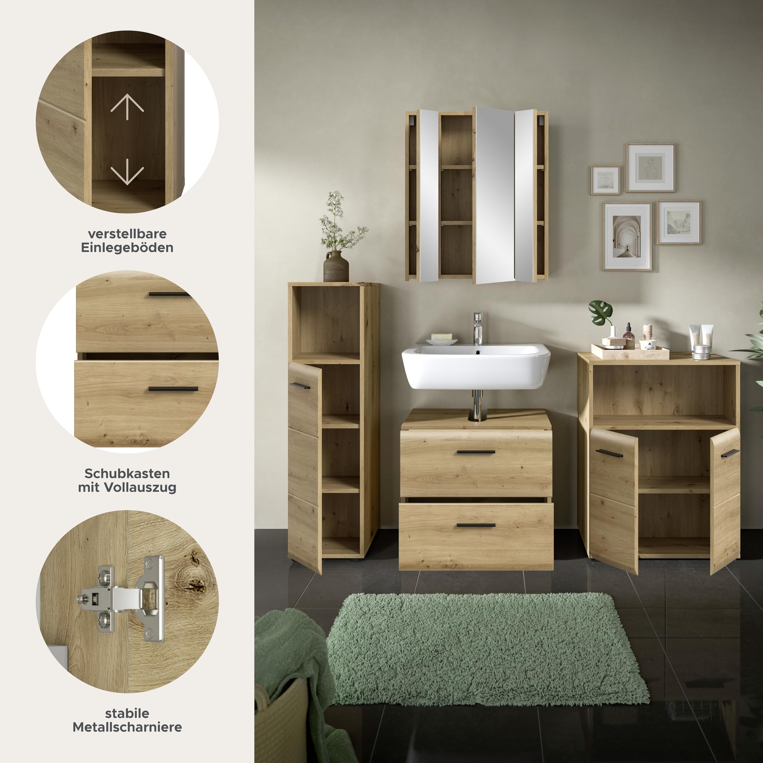 xonox.home – 4 TLG. Badkombination Ice 180x185x30 cm in Korpus und Front Artisan Oak Nachbildung – Moderne Badezimmermöbel Kombination – stilvoll – Bild 7