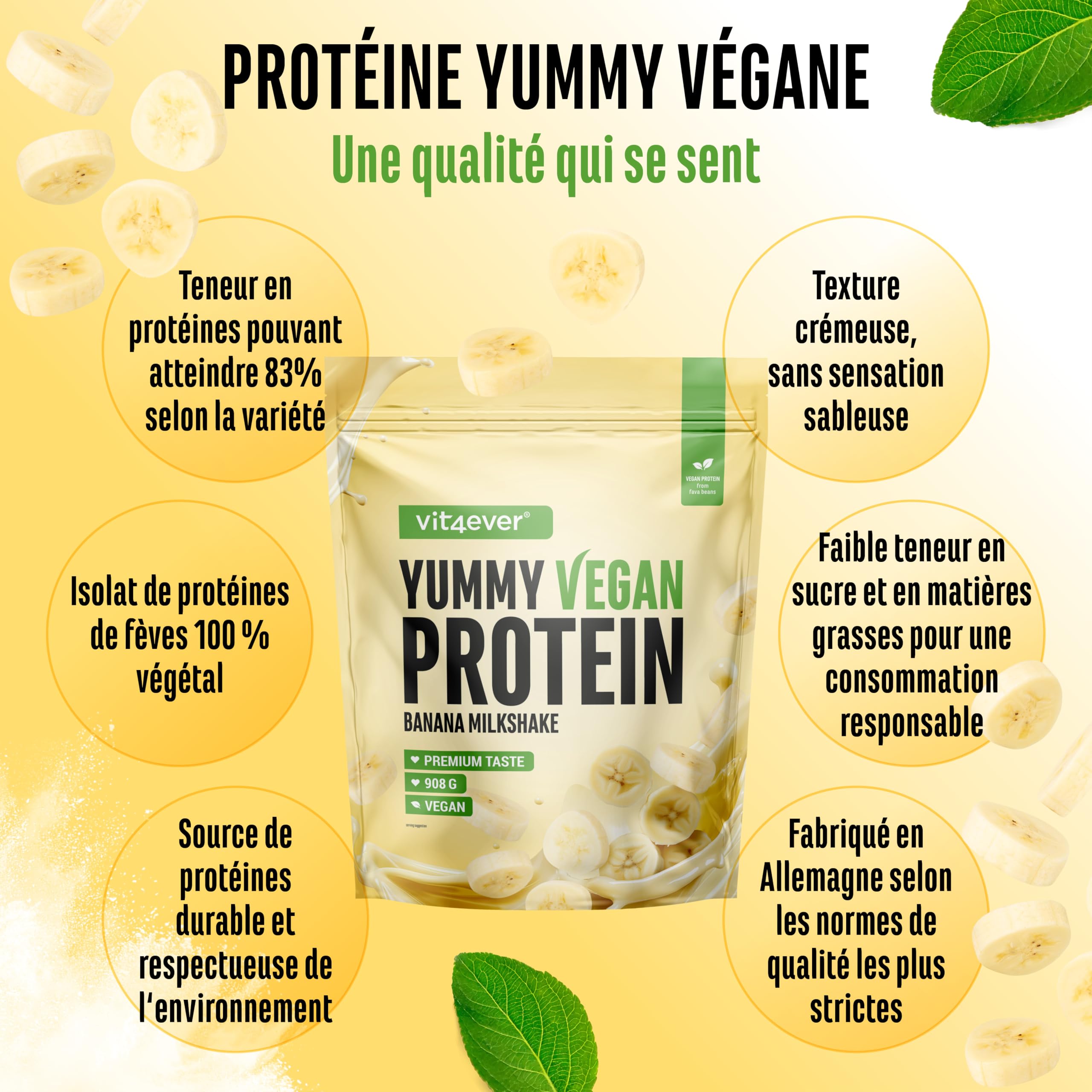 Yummy Vegan Protein Banana Milkshake – Shake protéiné végétal avec 24,8 g de protéines par portion à base d’isolat de fève avec BCAA et acides aminés – 908 g