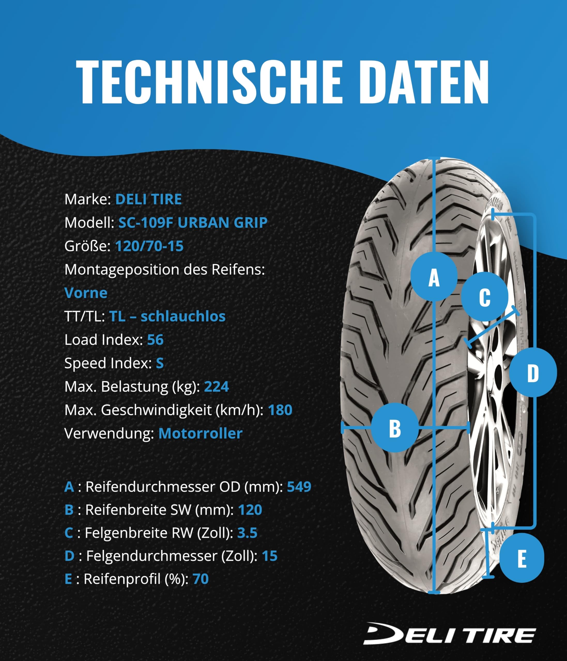 Rollerreifen Reifen DELI SC-109 URBAN GRIP VORDER/Heck 120/70-15 Ganzjahres Neu