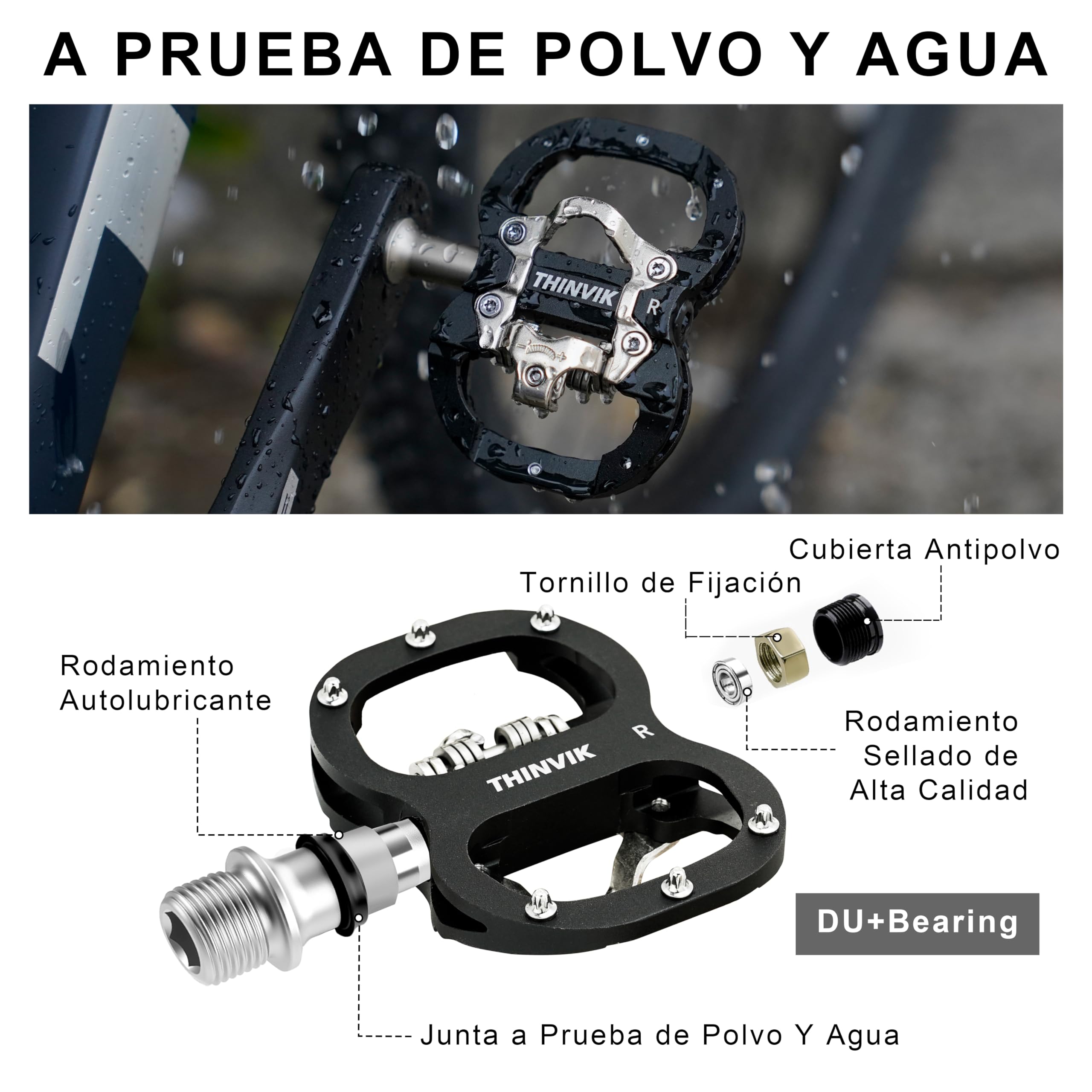 Thinvik Pedales de Bicicleta para Shimano SPD de Doble Función Plataforma y Automáticos para MTB con Calas Compatibles - Pedales de 9/16" Color Negro/Plata