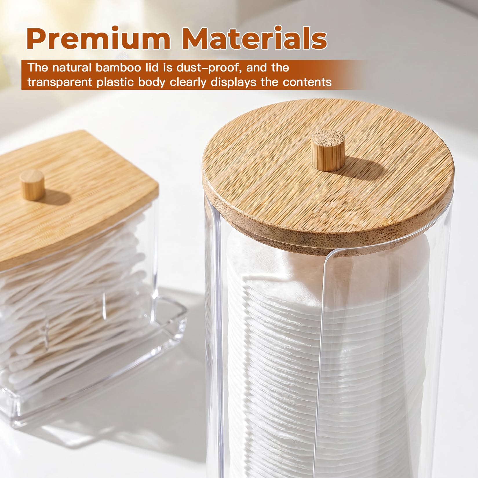 2 Pz Porta Cotton Fioc, Contenitori per Dischetti Struccanti, Trasparente, Scatola Dispenser Tamponi con Coperchio in Bambù, Organizzatore per Batuffoli Cotone, Cosmetici, Trucco