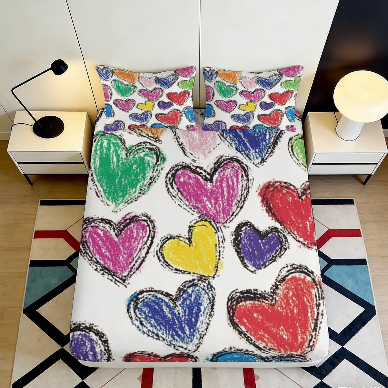 3D Printed Colorful Heart Pattern Fitted Sheet Microfiber Soft Bedroom Decor Anti-Slip Mattress Cover for Adults Youth 90x200x25cm