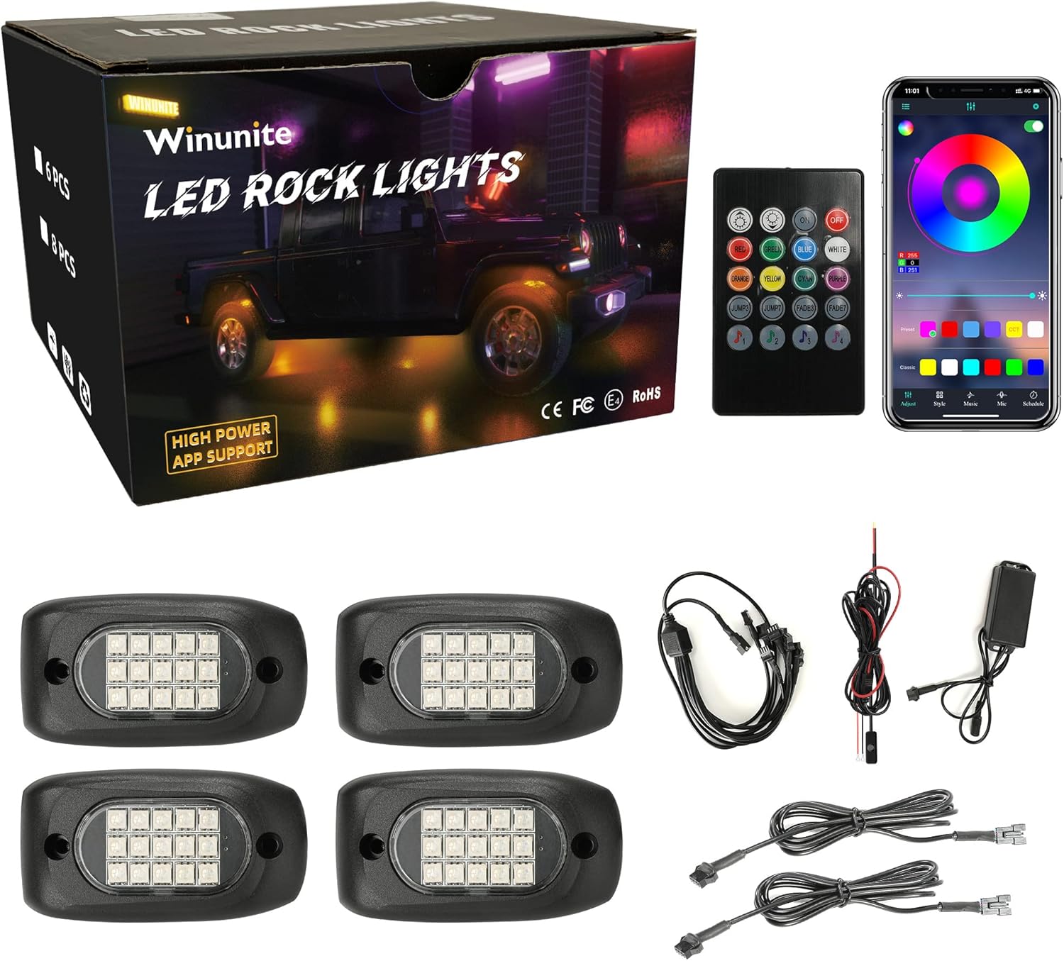 Winunite 4 Pods RGB LED Rock Lights with Wires,60LEDs Waterproof Music Mode/29 Color Changing Modes/APP/Remote Control Neon LED Light Kit for Off Road Trucks SUV Car ATV UTV Boat