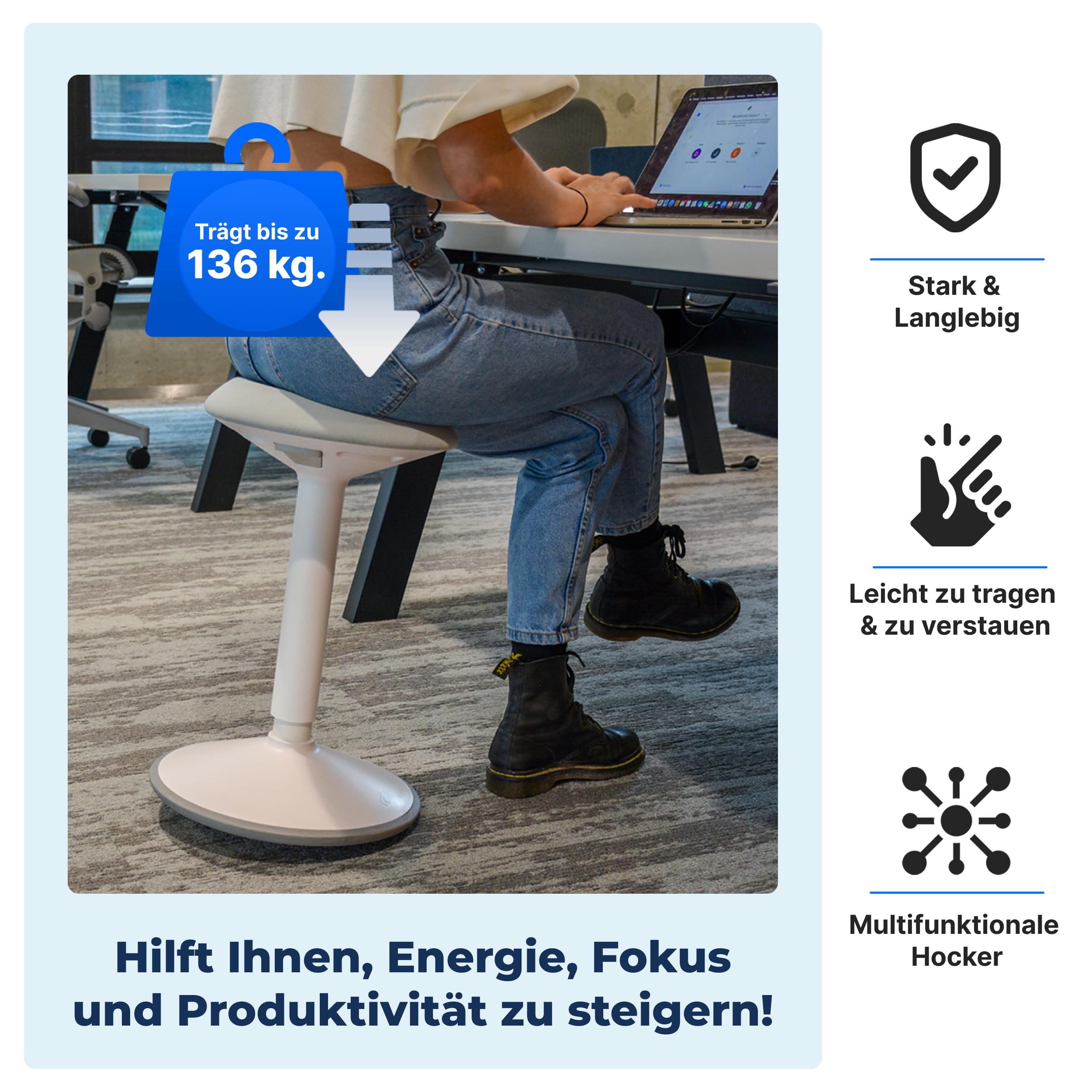 Ergonomischer Hocker TESTSIEGER - Bürohocker Höhenverstellbar [55-80cm] Stehhocker für Büro mit Schwingeffekt - Büro Stehstuhl - Rutschfester Sitzhocker Ergonomisch - Wackelhocker Büro - Mattschwarz