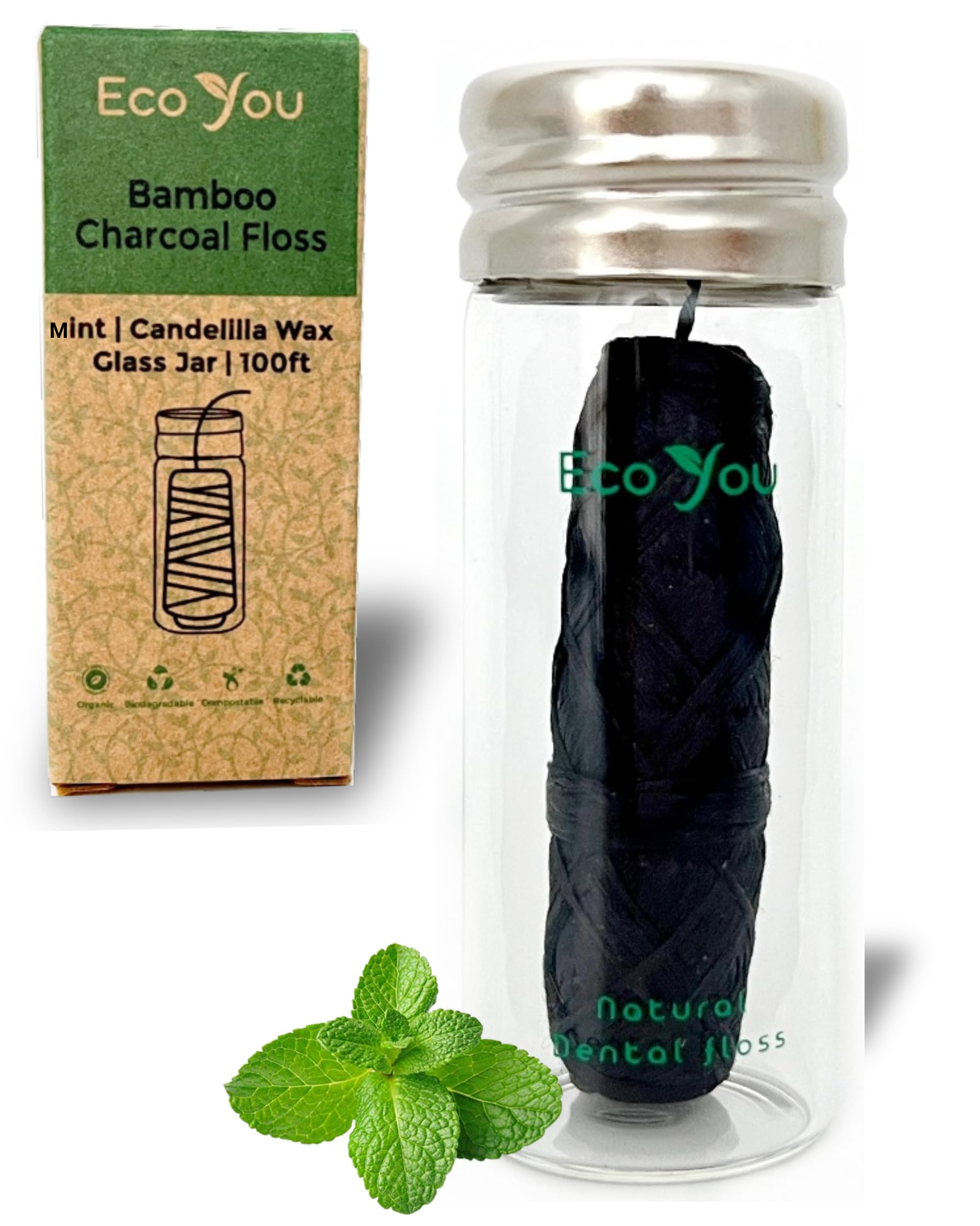 Charcoal Bamboo Floss | 1 Non Toxic Natural Floss Refill with Glass Container | Organic Mint & Candelilla Wax | Vegan & Biodegradable | Compatible with Similar Size Dental Silk Containers