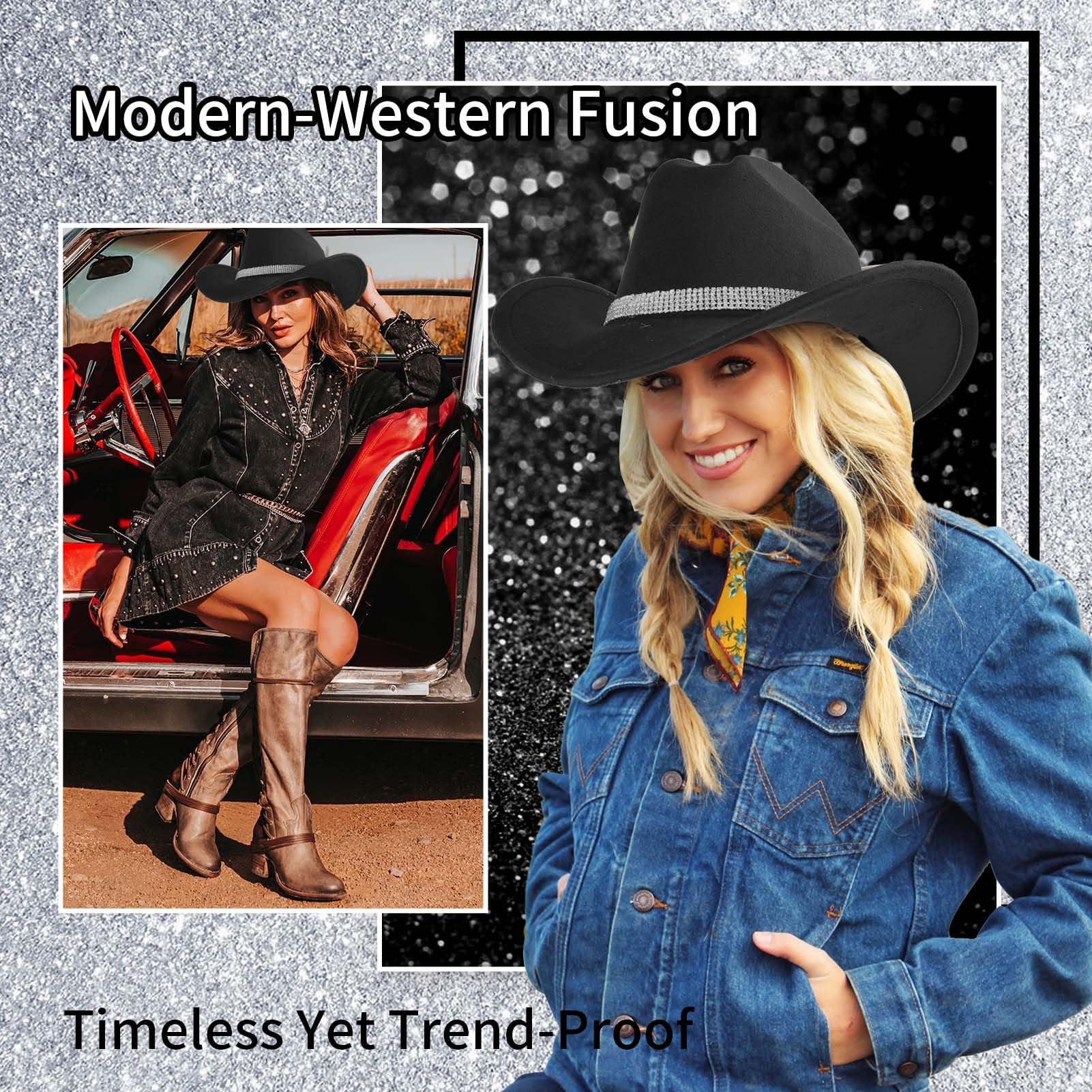 Chanaco Cappello da cowboy per donne e uomini, cappelli da cowboy neri per ragazze, cappello da cowgirl accessori per outfit western, cappelli classici in feltro country