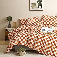 Vista 2 de CLOTHKNOW Juego de edredón de 3 piezas a cuadros color beige óxido, tamaño Full, juego de ropa de cama de cuadros edredón terracota con 2 fundas