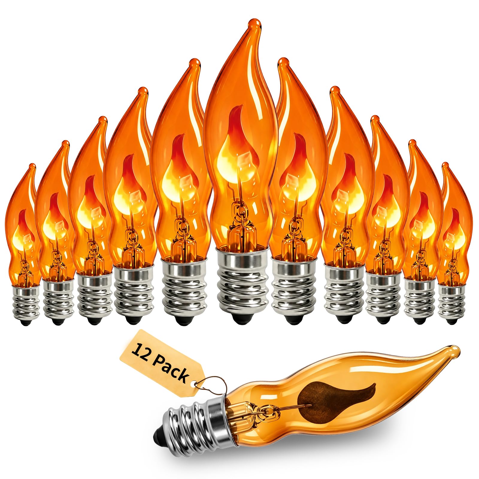 Orange Flickering Flame Light Bulbs with E12 Base, 12 Pack C18 Christmas Light Bulb 1W