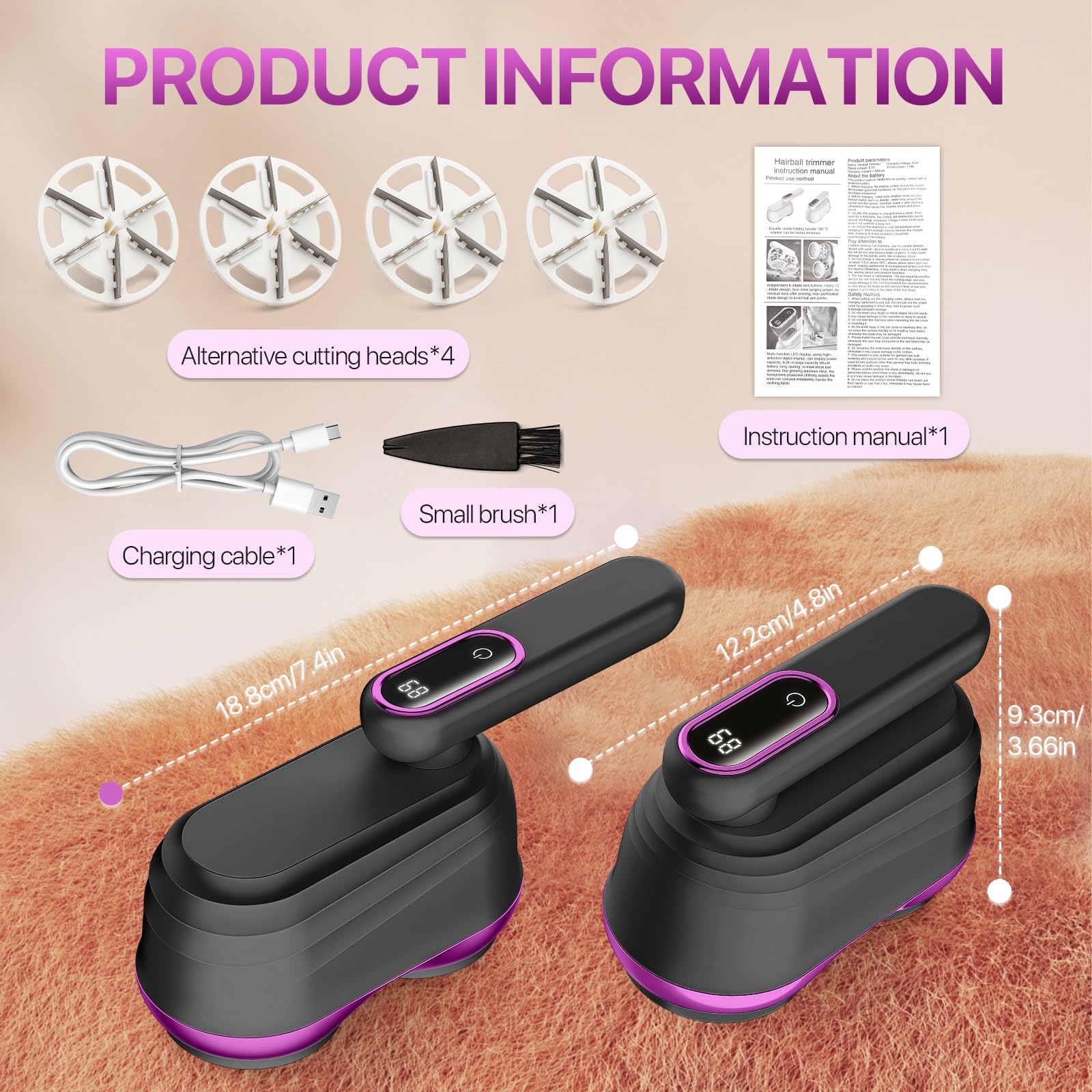 RoserRose Fusselrasierer Elektrisch Doppelkopf mit Klappbarem Griff –Fusselrasierer Kleidung mit LED-Akku-Anzeige – Pilling mit 4 Stück 24 Klingen – Fabric Shaver für Alle Stoffe - Black
