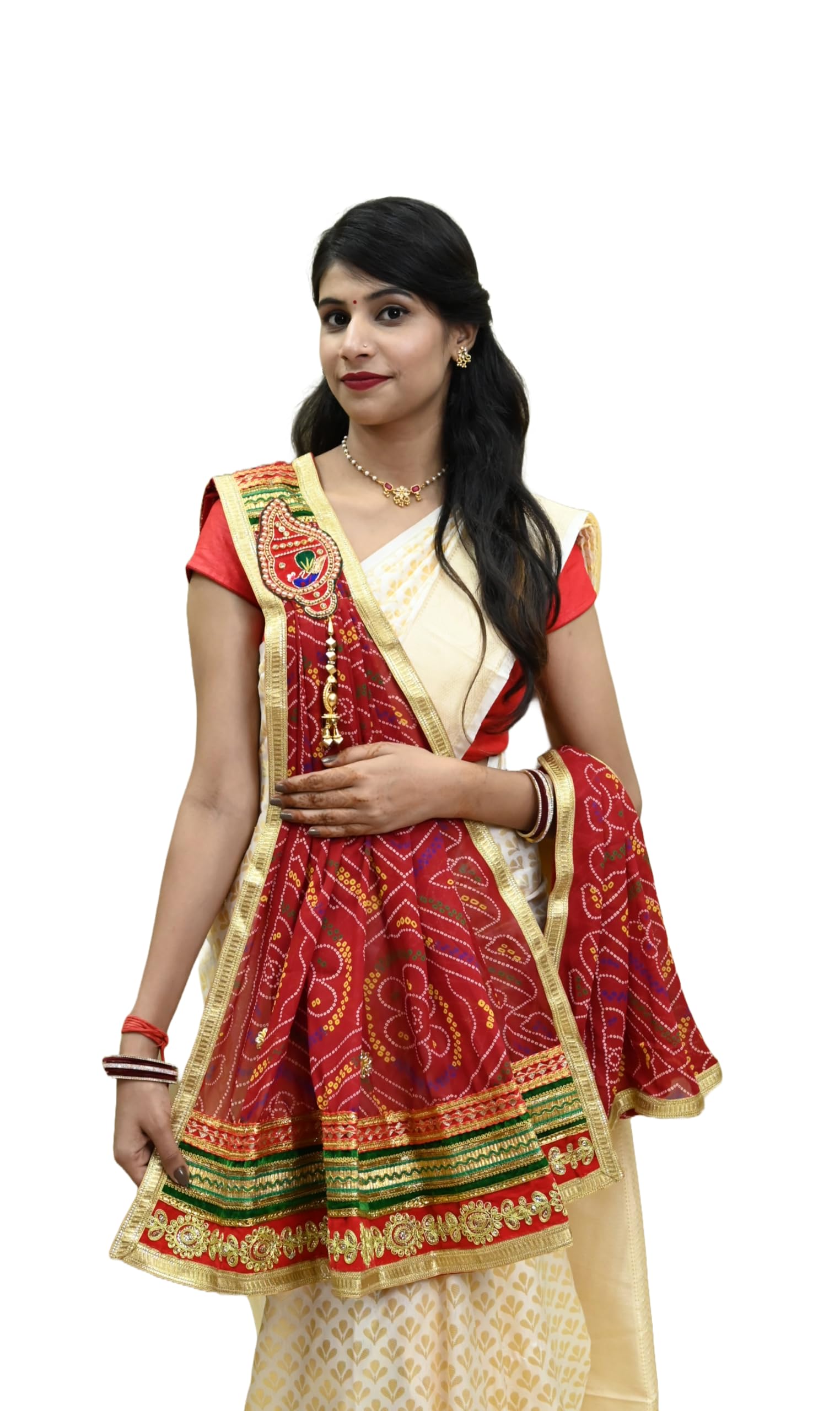 ranisatiya Rennial Bhandhej Marwari Broch Plated OdhnaChunri & Piliya (Chunri (Red))-picture-42
