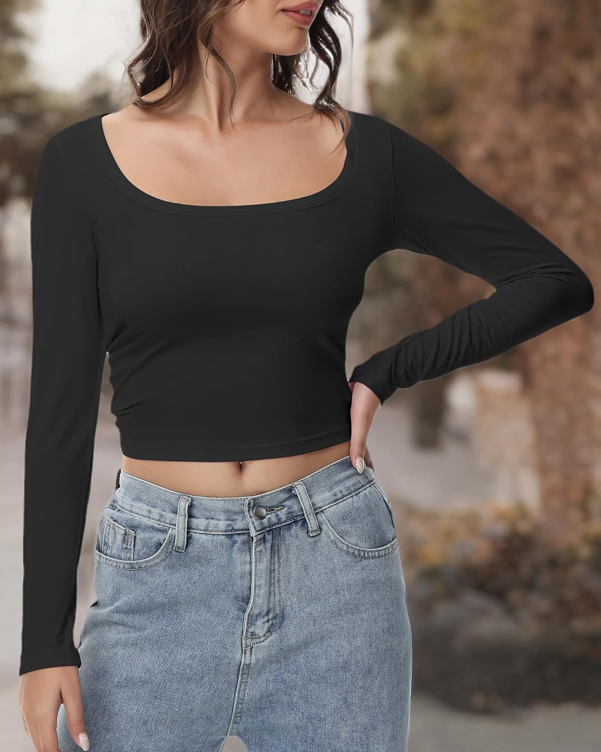Women's Long Sleeve Crop top, Ribbed & Slim Fitted Cotton Shirts, Square Crewneck Tee Basics for Daily & Casual Wear - Image 5