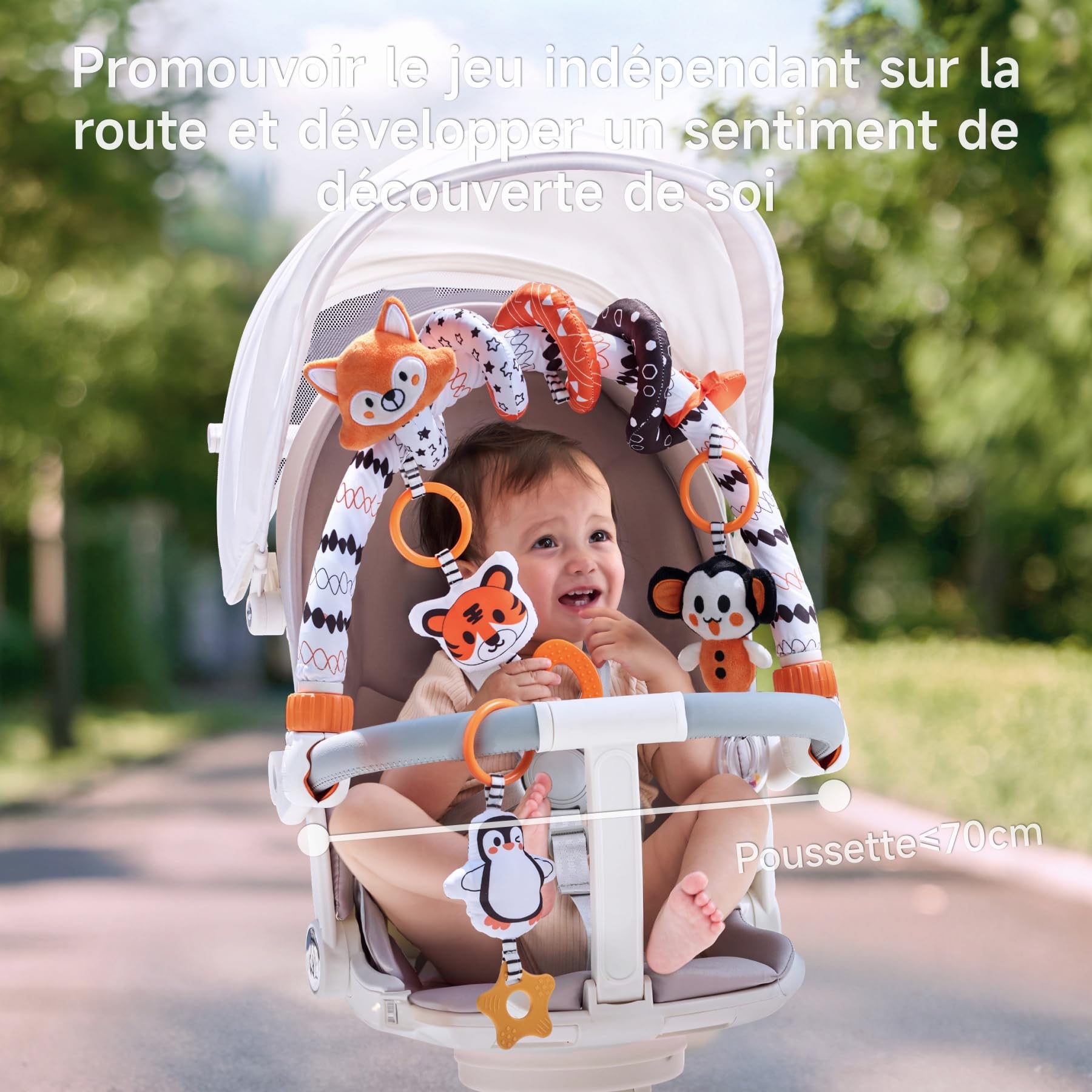TUMAM 2 en 1 Spirale D'activité Bébé Avec Arche Eveil Jouet Poussette Pour Bebe 0 3 6 9 Mois, Jeux Eveil Suspendre Avec Hochet Et Anneaux De Dentition Pour Auto, Stroller Arch, Berceau, Peluche Cadeau