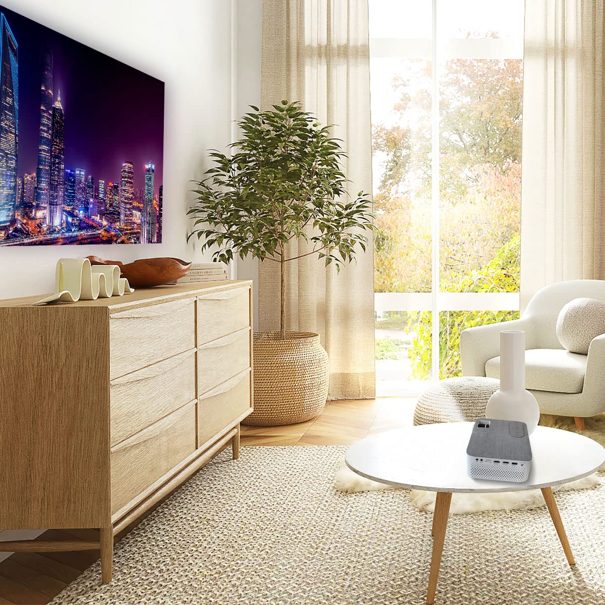 PRIXTON Proyector portátil Lumière Full HD, 5.000 Lúmenes, Conexión HDMI/USB/MicroSD/Aux in/AV in, Altavoces Integrados, Mando a Distancia Incluido, Blanco
