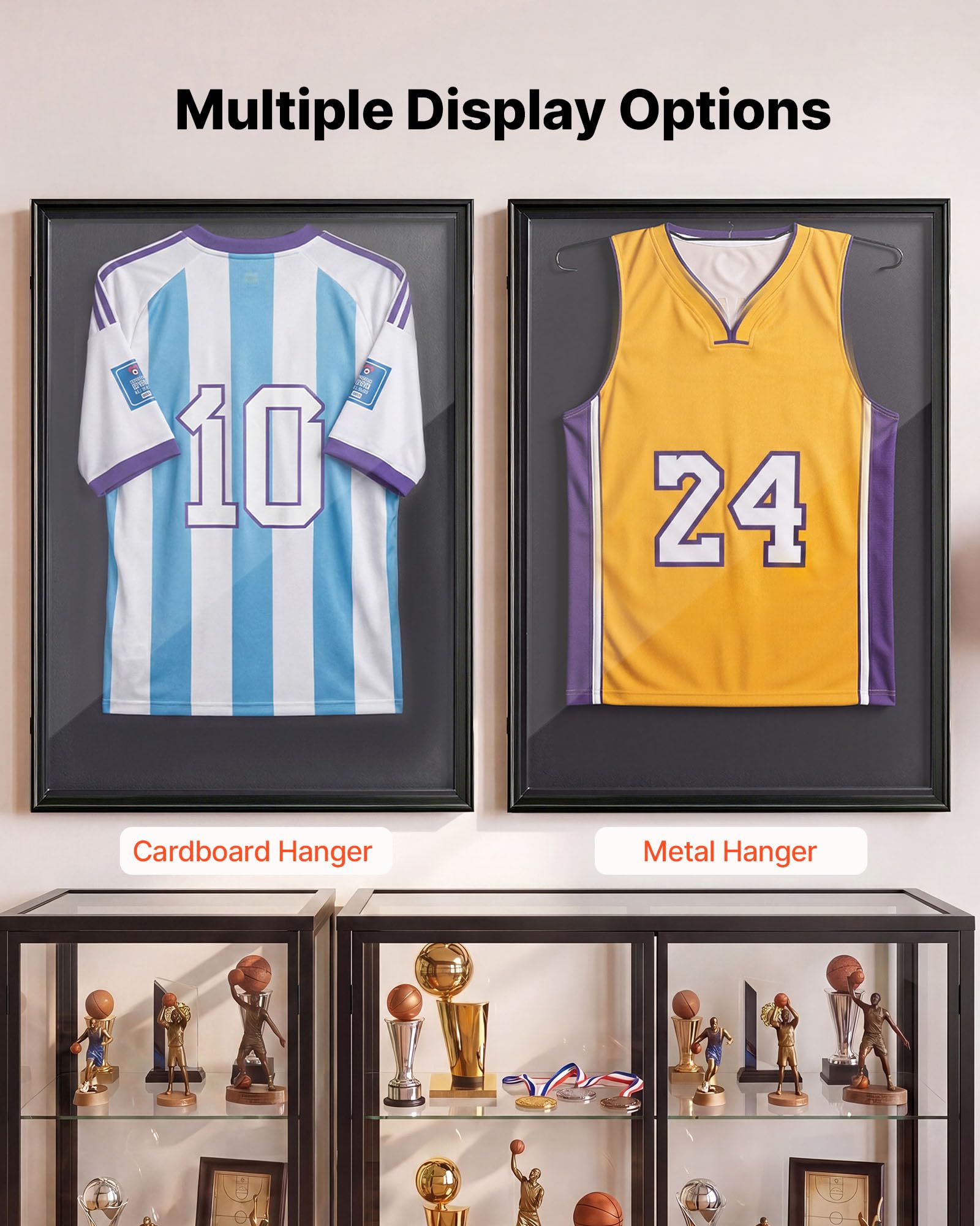 VEVOR Marco de Camisetas de Madera 71,8 x 92,5 x 4 cm, Vitrina para Camisetas Deportivas con Panel de Policarbonato con Protección UV, Expositor para Uniformes de Baloncesto, Fútbol, Béisbol, Negro