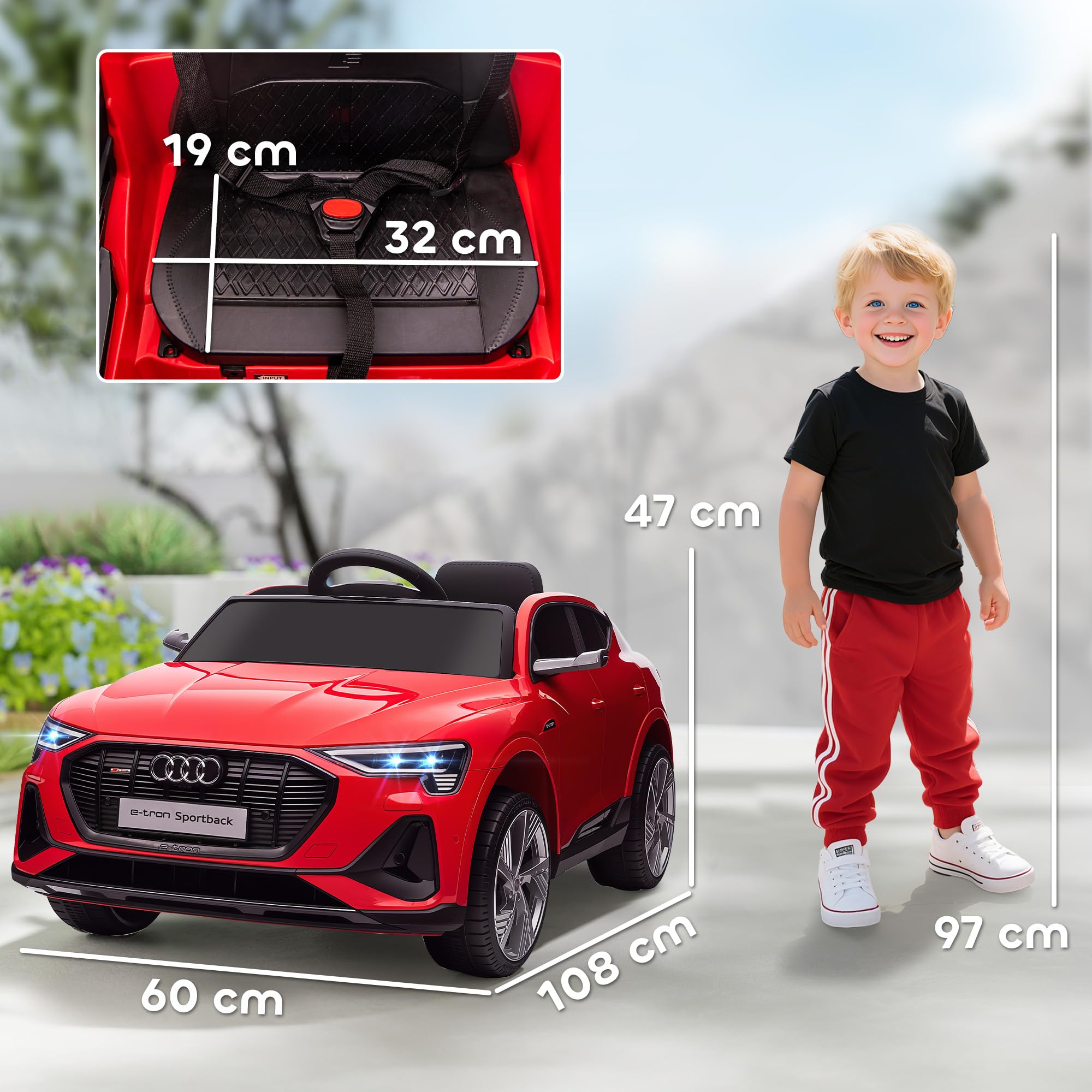 HOMCOM Elektro Kinderauto 12V Audi E-tron Elektrofahrzeug mit Fernbedienung, Sicherheitsgurt und Musikfunktion (MP3/USB/TF), Kinderfahrzeug für 3-5 Jahre, 3-5 km/h, Rot