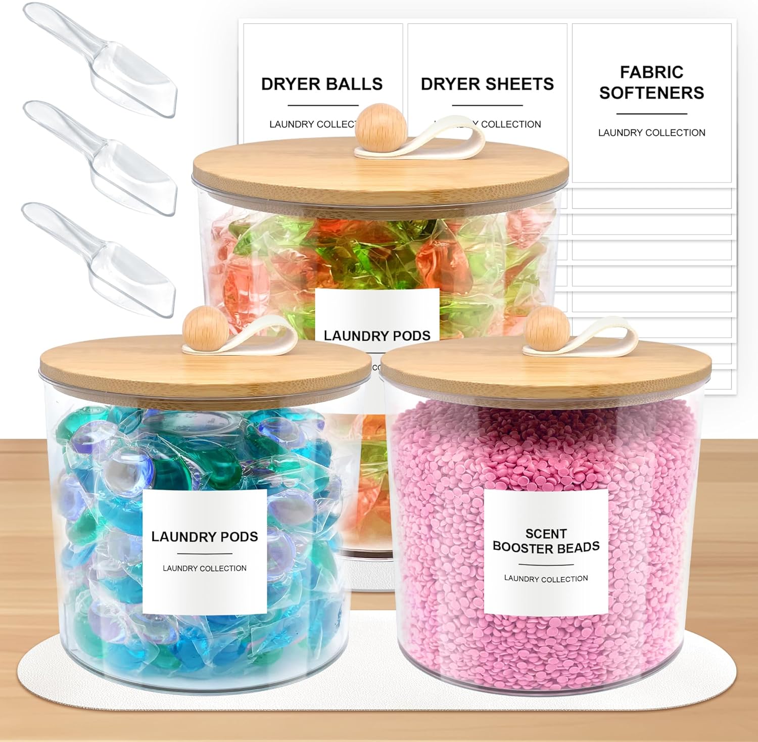 3 Pack Laundry Pods Container,Laundry Room Organization and Storage Jars,Laundry Detergent Container for Powder,Pods,Scent Booster,with Non-Slip PU Leather Pad and Handle,Bamboo Lids,Labels and Scoops