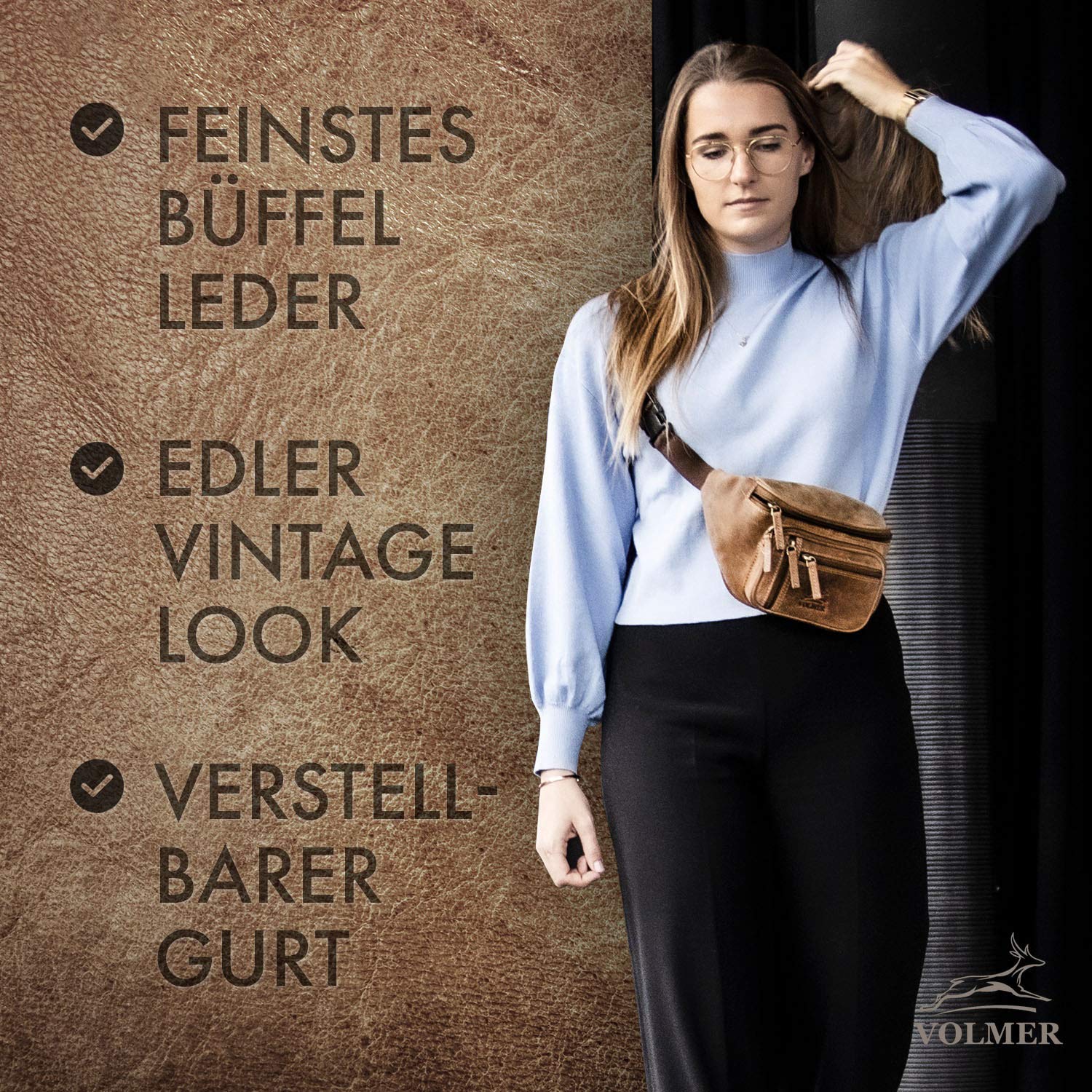 Fa.Volmer ® Gürteltasche in Echt-Leder für Damen und Herren | braun | Verstellbarer Gurt bis 130 cm | Modell: Barcelona