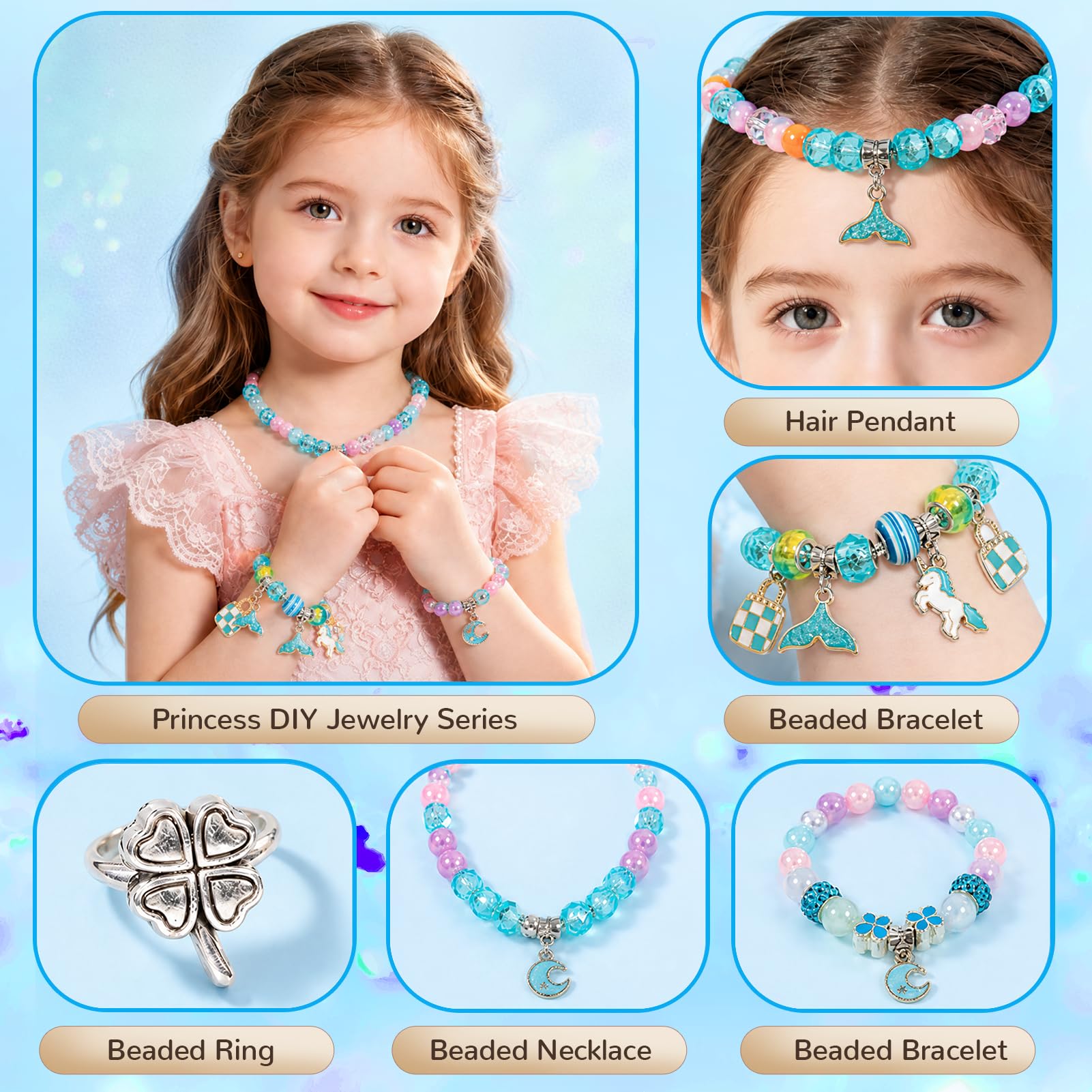 JeeMoien kit creazione braccialetti ciondoli per bambine 5,6,7,8-12, kit braccialetti amicizia con scatola portagioie, regalo compleanno blu per bimbe 6-11 anni