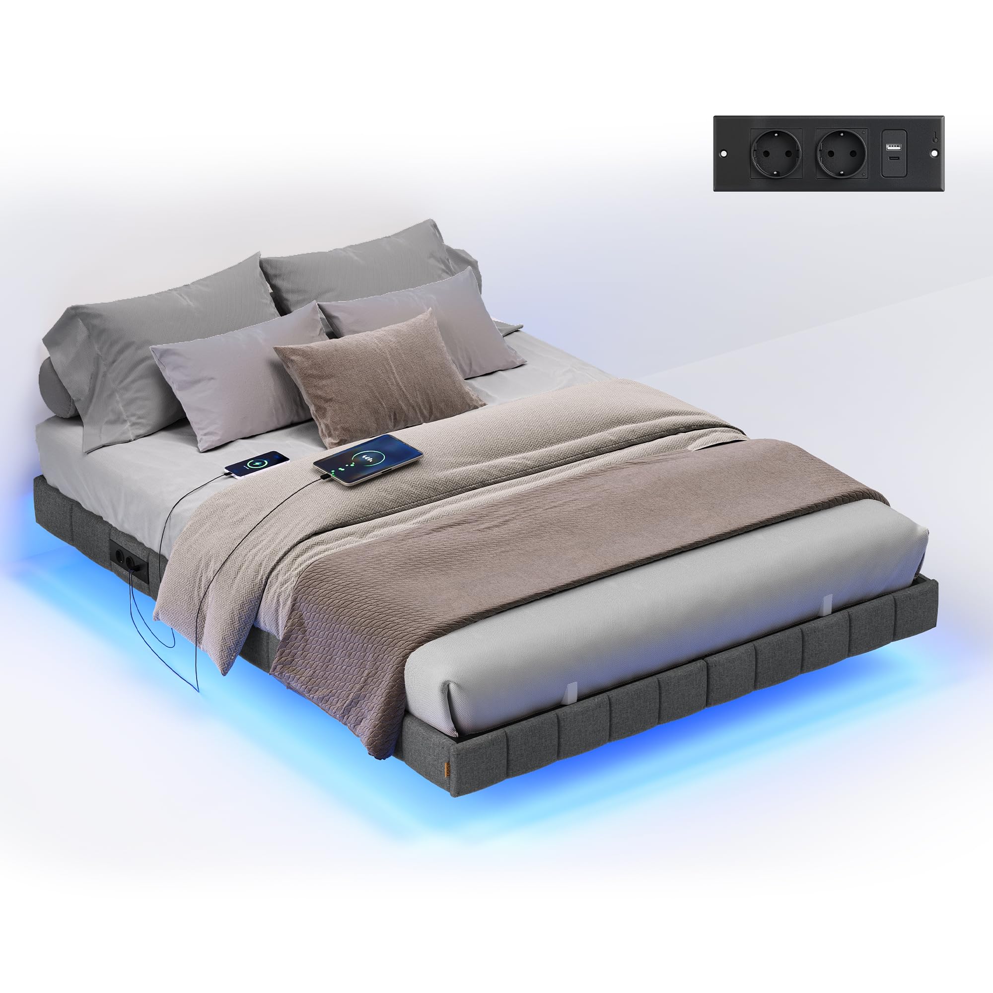 VASAGLE Lewitująca Rama Łóżka, z Oświetleniem LED, 200 x 140 x 26 cm | Łóżko, Gniazda AC i Porty USB, Tapicerowane bez Zagłówka, łupkowa szarość, Kolekcja KACY RMB164G101