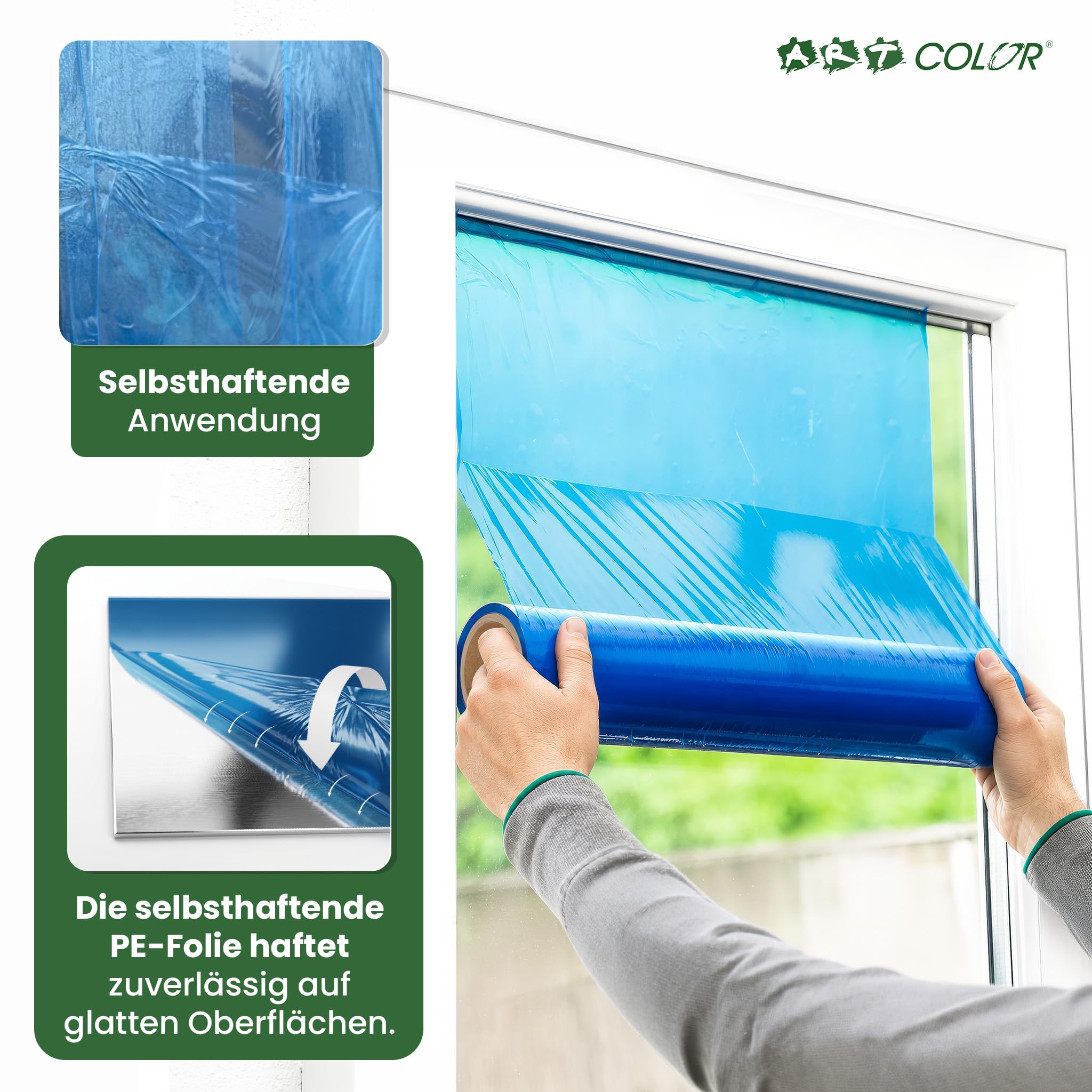 Fensterschutzfolie Blau 50cm x 100m 50my – Selbsthaftende PE-Folie als Abdeckfolie & Malerfolie – Wasser- & UV-beständige Schutzfolie für Fenster und Türen