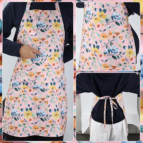 Miniatura 6 de Paquete de 2 delantales de acuarela con flores silvestres para mujer, delantales de cocina ajustables con 2 bolsillos, delantales de chef florales
