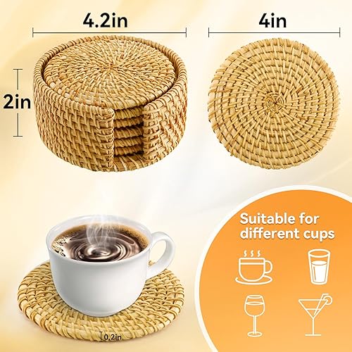 Miniatura 6 de 6pcs Handmade Rattan Coasters with Holder, Natural Wicker Boho Coasters Set, Heat-resistant Drink Coasters for Coffee Table Housewarming Gifts Hot