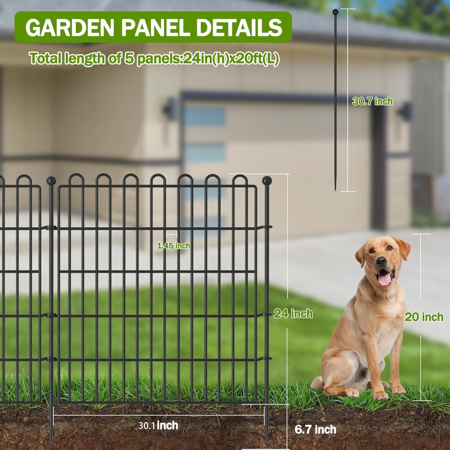 Valla de Jardín Decorativa, 10 Paneles (Longitud Total 7.65m), Altura 60cm, Cerco de Alambre de Acero Inoxidable Sin Zanjas, Barrera para Mascotas, Ideal para Patio, Jardín y Conejos