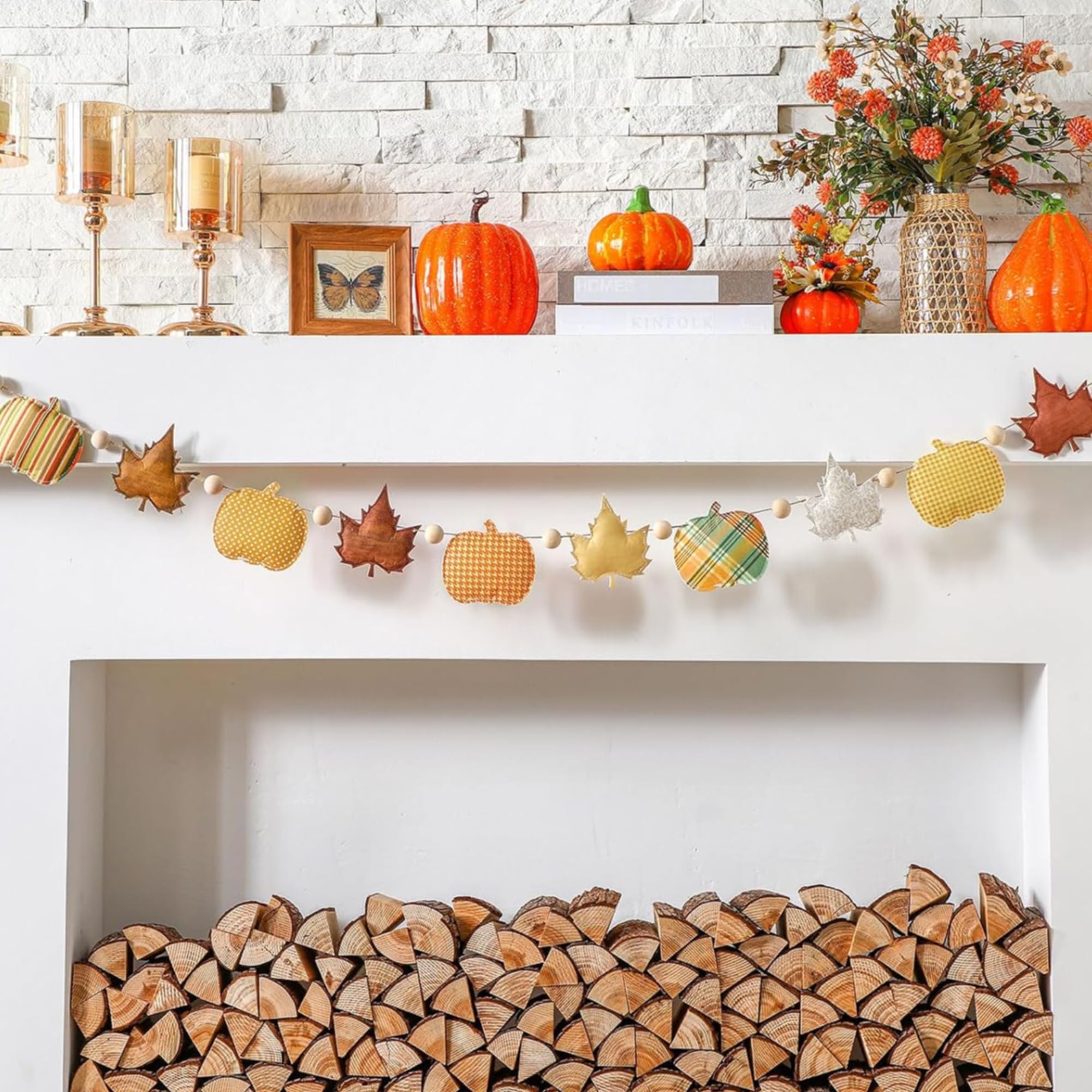 Fall Decor for Home 8.2 ft Felt Pumpkin Garland Maple Leaf Banner Rustic Vintage Wooden Beads Garland Autumn Thanksgiving Day Decoration Fall Banner for Mantle Home Doorway Window Wall Decor