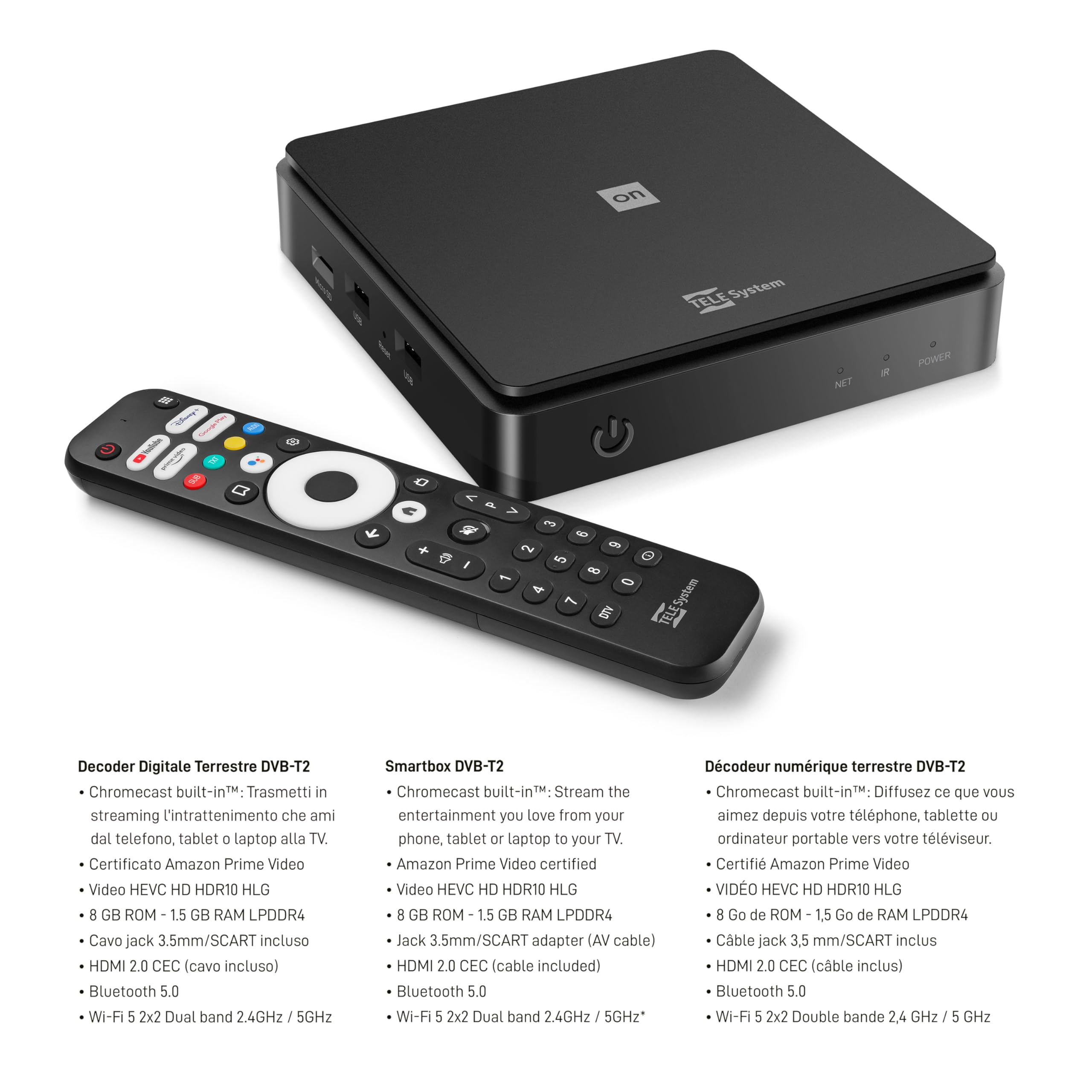 TELE System ON T2 HD: Dekoder naziemny cyfrowy Android TV, Smart TV Upgrade, Tuner DVB-T2 HEVC HDR10+HLG, HDMI, Adapter SCART w zestawie - Certyfikowany przez Google