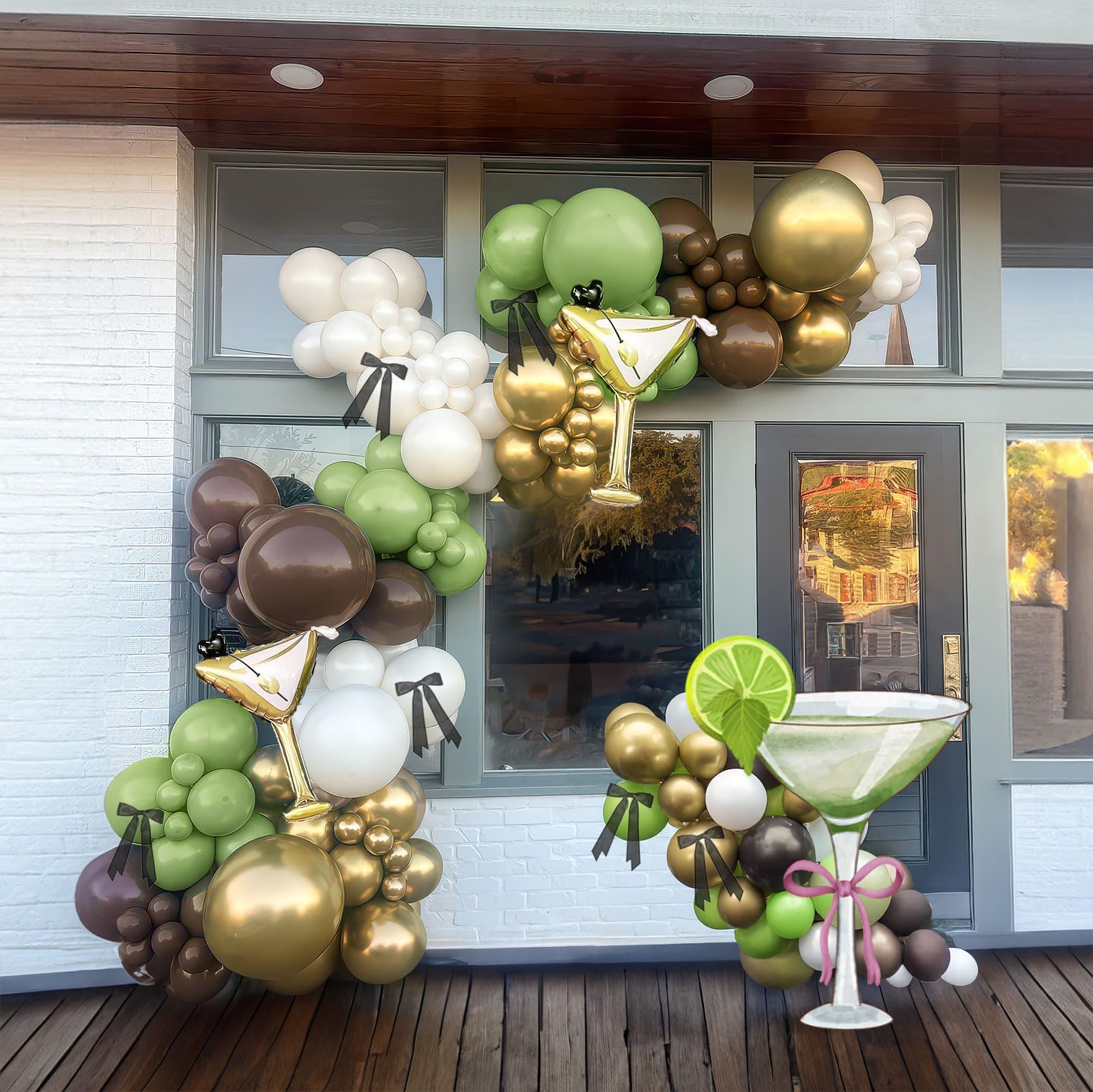 A Tini Bit Older balloons garland arch kit olive green gold sand white brown balloon martini glass mylar balloon and ribbon diy bow tie for espresso