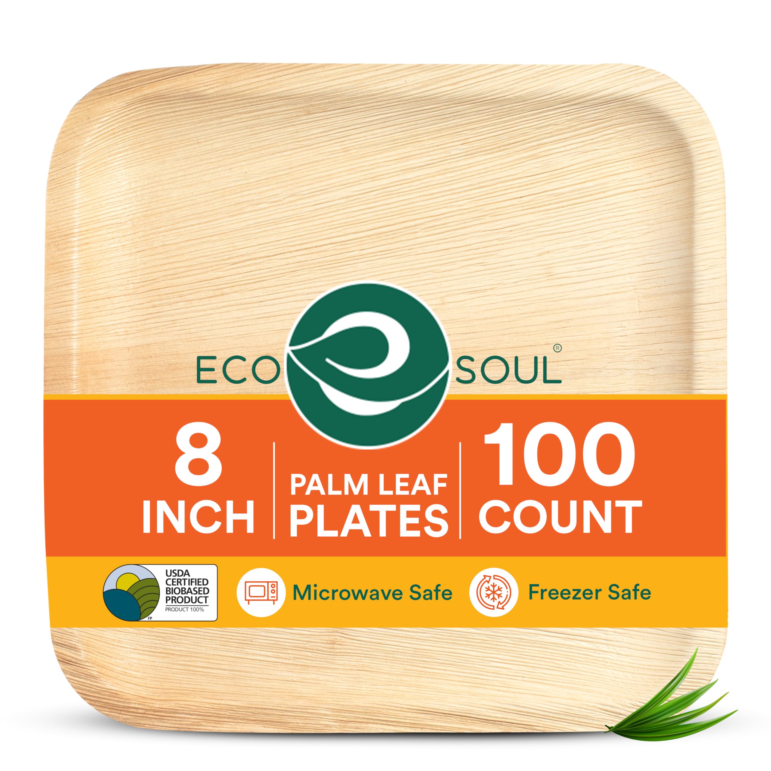 ECO SOUL 8 Inch Disposable Palm Leaf Plates [100 Pack] Premium Food-Safe Heavy Duty Compostable Bamboo Paper Plates for Lunch, Dinner, Birthday, Weddings, Party, Camping & Catering Events [Square]