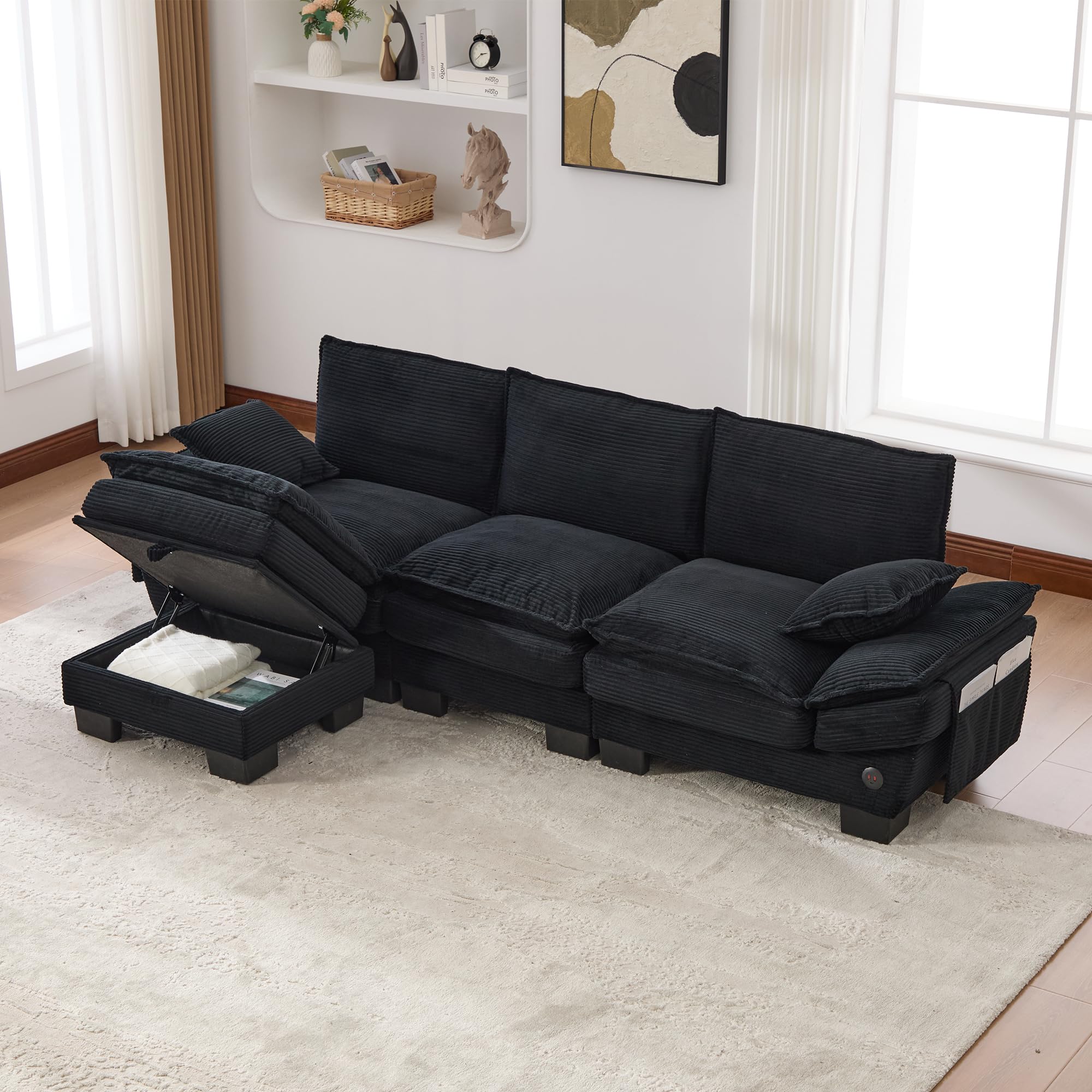 Modułowa sofa 3-osobowa z 1 taboretem, ergonomiczna szerokość siedziska z przyłączem C, sofa do salonu z bocznymi kieszeniami, do salonu, kolor czarny