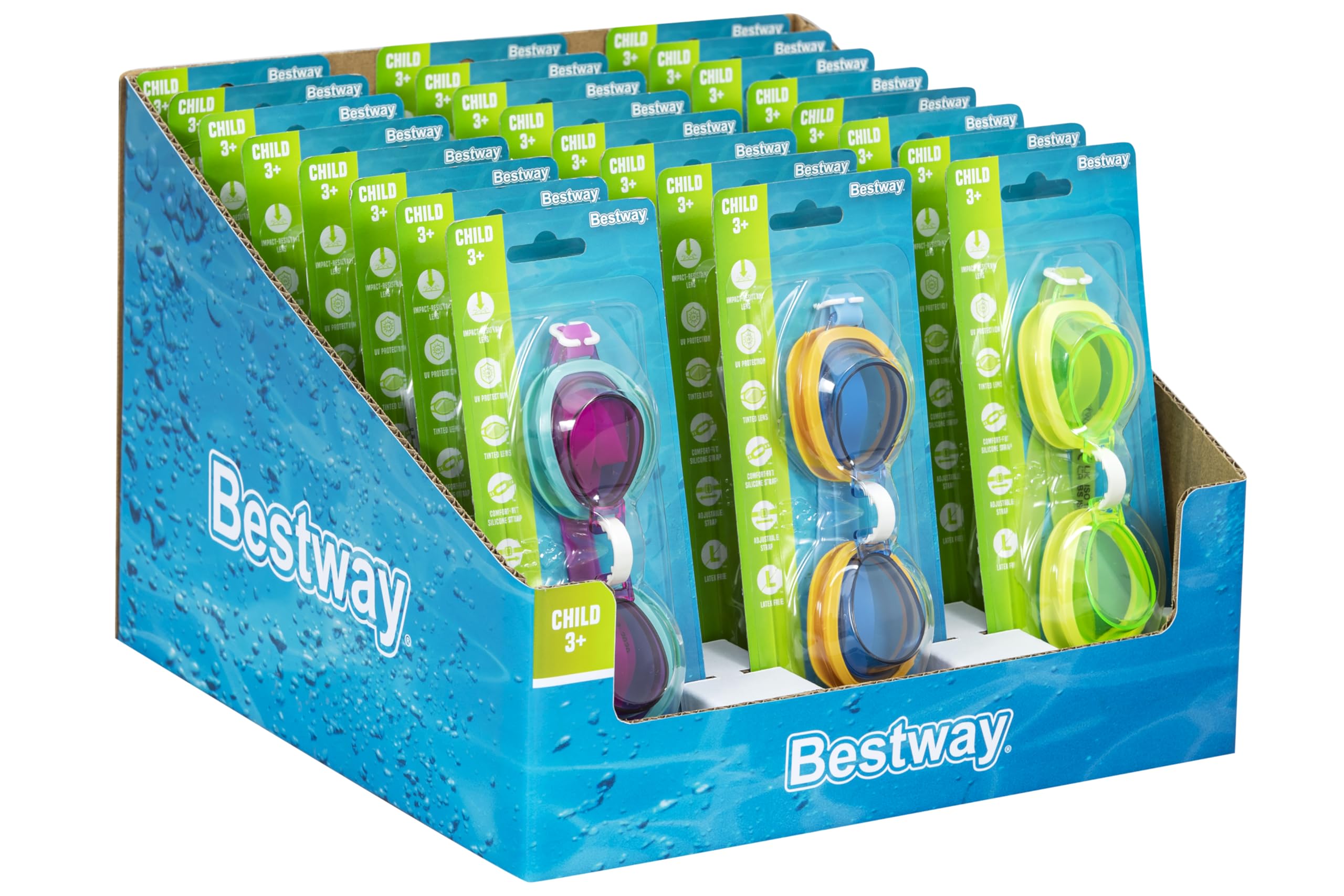 Bestway® Verkaufsdisplay für Schwimmbrille Aqua Burst Essential™ ab 3 Jahren, 24 Stück, sortiert