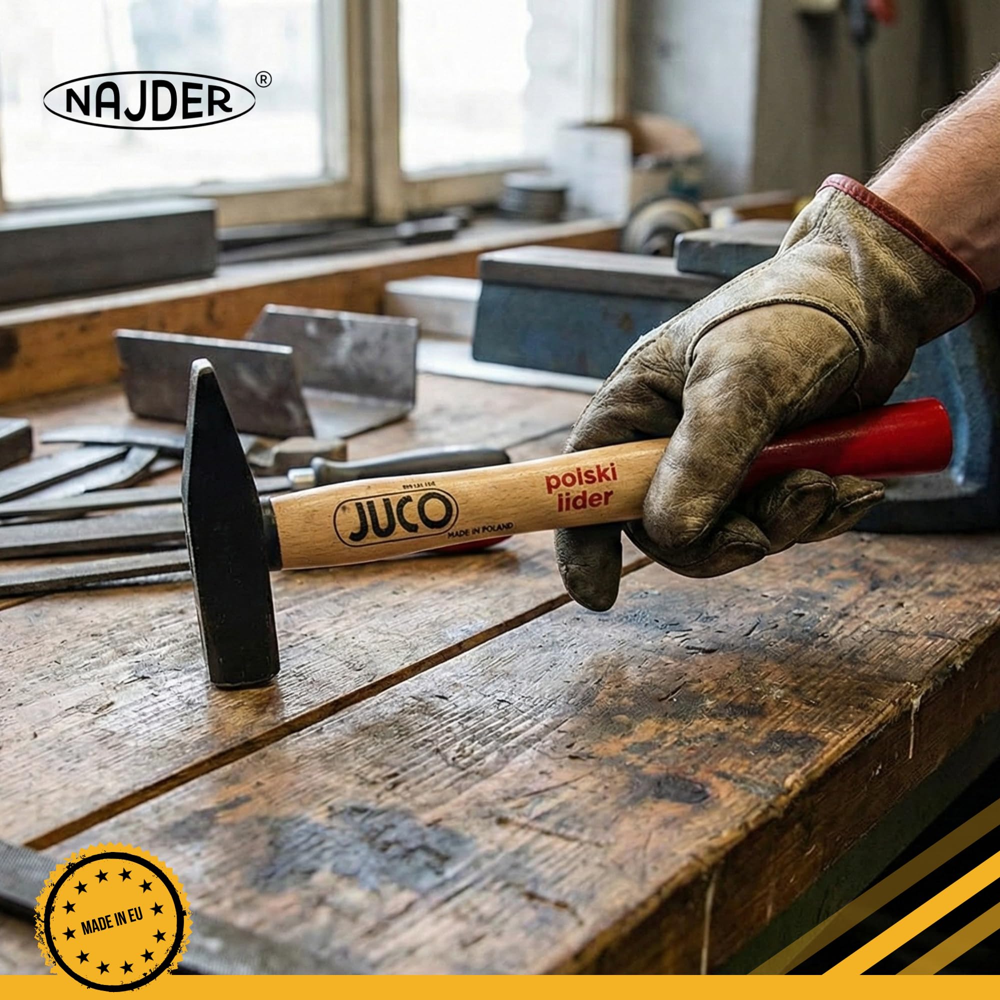 NAJDER Marteau de Forgeron 4 kg JUCO Ingénieur Menuisier Mécanicien Serrurier Professionnel, Manche en Bois de Hêtre, DIN 1042, Multifonctionnel, Pour Bricolage, Construction