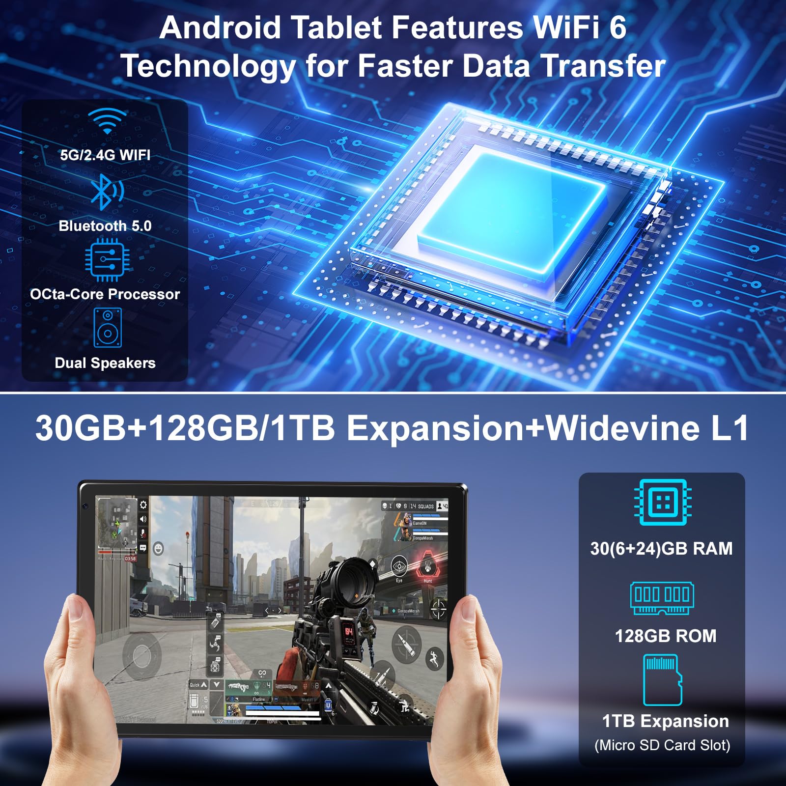Whitedeer Tablet Android 16, 10 inch Tablet 30GB RAM 128GB ROM/2TB, Android Tablets Octa-Core Processor, Tablet 10 inch with Pen and Keyboard, WiFi 6&Bluetooth 5.0丨6000mAh丨5MP+8MP, Widevine L1-Black — view 3