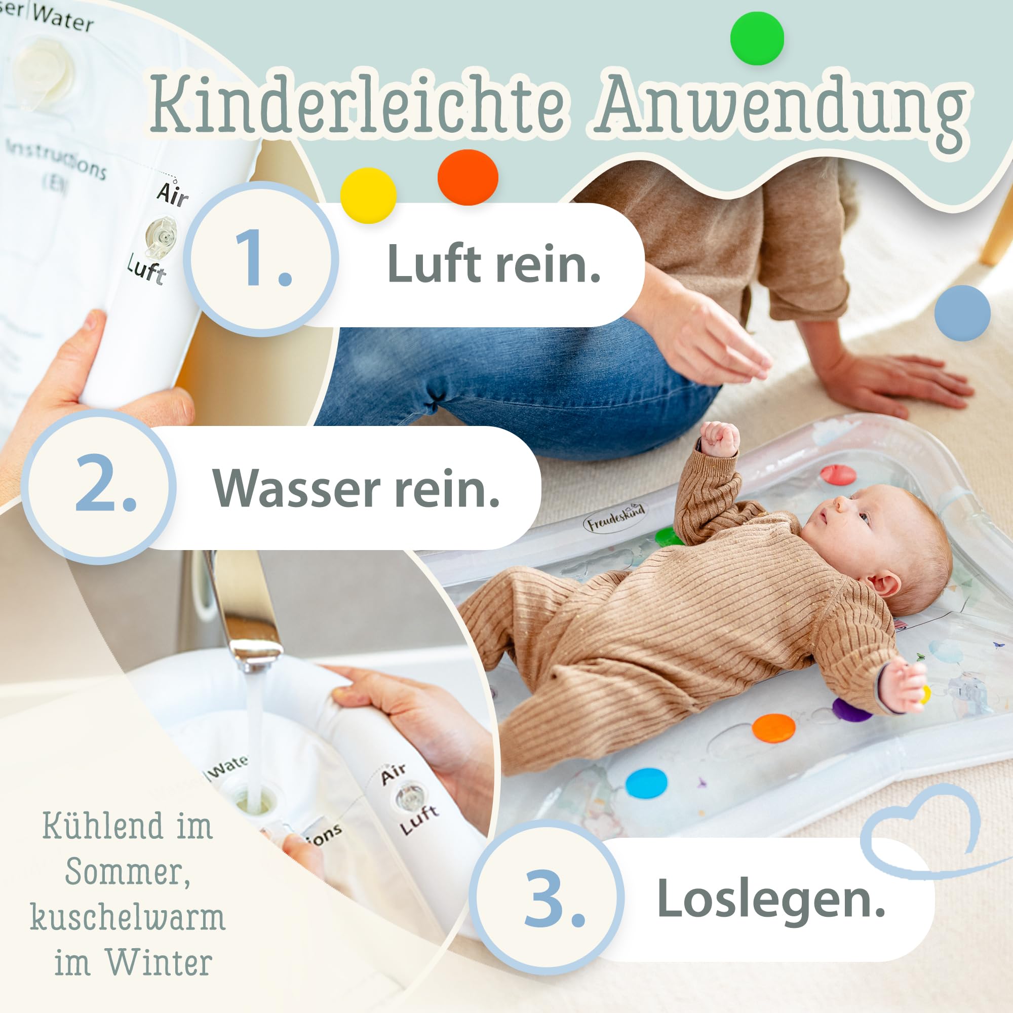 TummyTime Wassermatte XXL by Freudeskind, Baby Wasserspielmatte, 100% Phtalate- & BPA-frei ab 0, 3, 6, oder 9 bis 24 Monate, Sensorische Montessori Spielmatte, Babyspielzeug Bauchlage