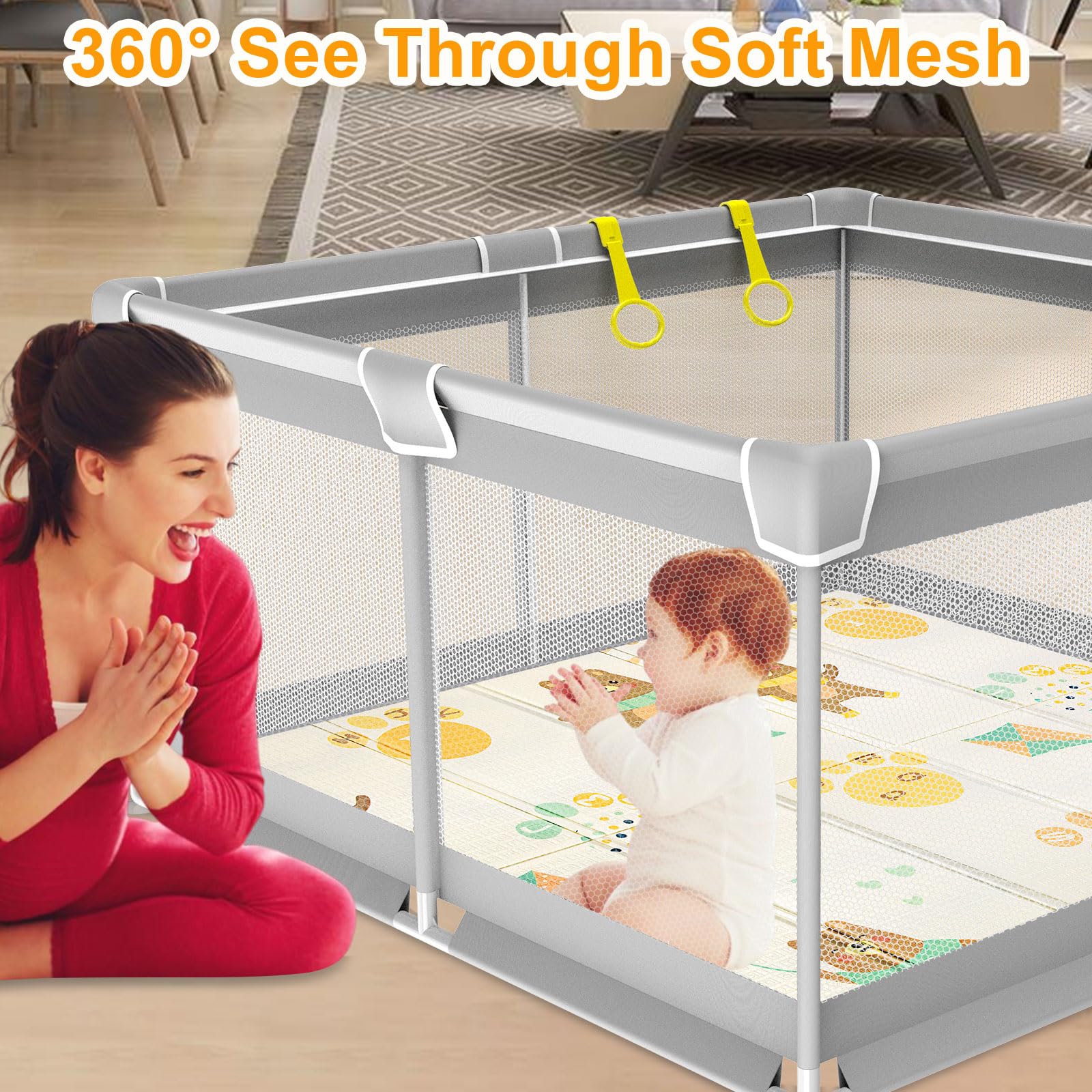 YUMBOT Babybox,Kinderbox met speelmat 120x120cm Kinderbox met schuimmat,xxl opvouwbaar kleine pasgeboren box met zichtbaar net, antislipbodem, activiteitencentrum voor binnen en buiten voor 0-6 jaar
